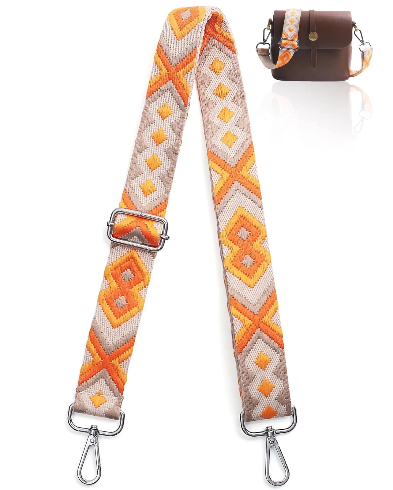 DL3 Mobilak Adjustable Wide Crossbody Bag Strap for Women, Replacement Shoulder Strap for Handbags, Totes & Purses with Elegant Embroidered Pattern and Metal Hooks - Orange Diamond