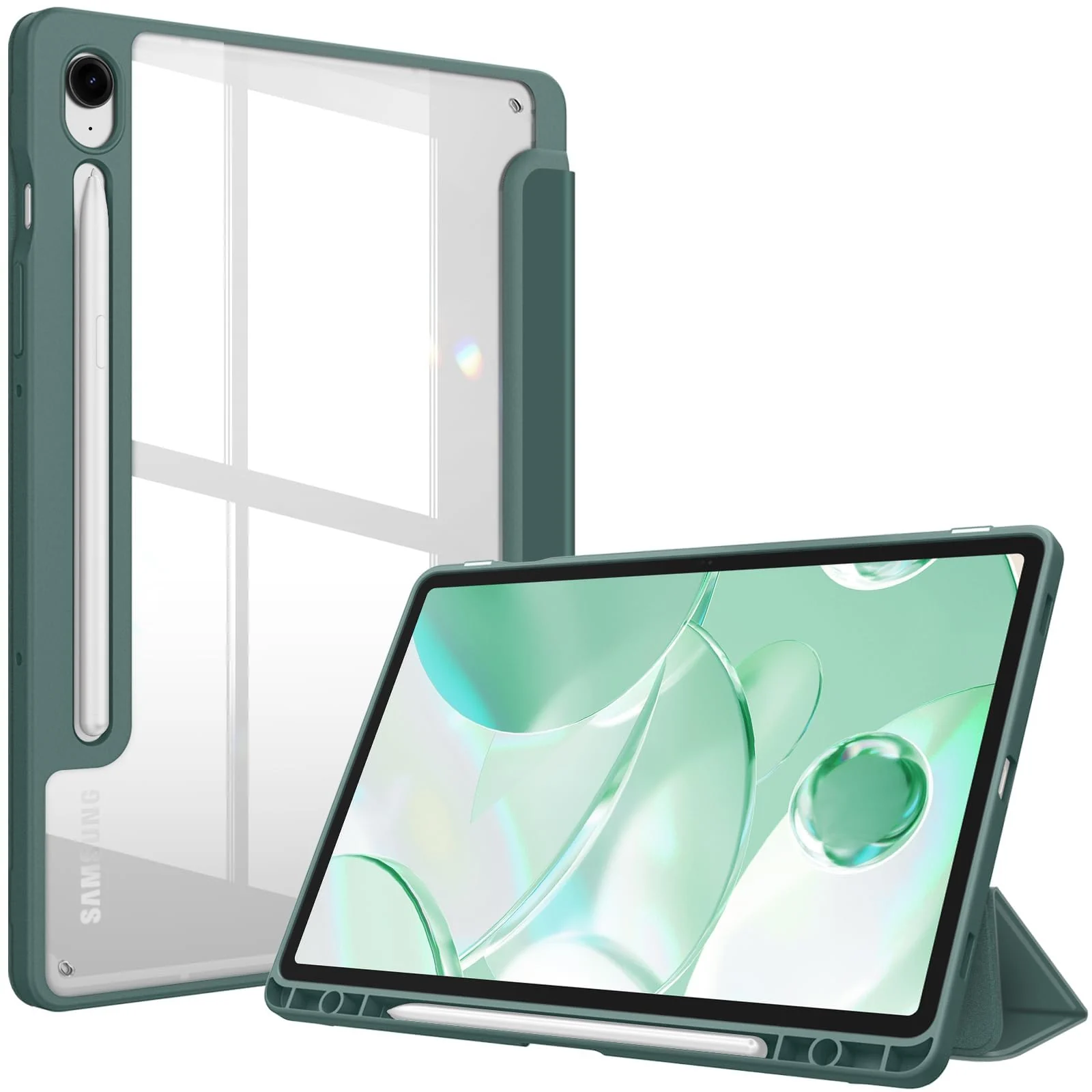 DL3 Mobilak Hybrid Slim Case for Samsung Galaxy Tab S9 FE 5G 10.9 Inch/Galaxy Tab S9 11 Inch 2023 with S Pen Holder, Shockproof Cover with Clear Transparent Back Shell, Auto Wake/Sleep - Green
