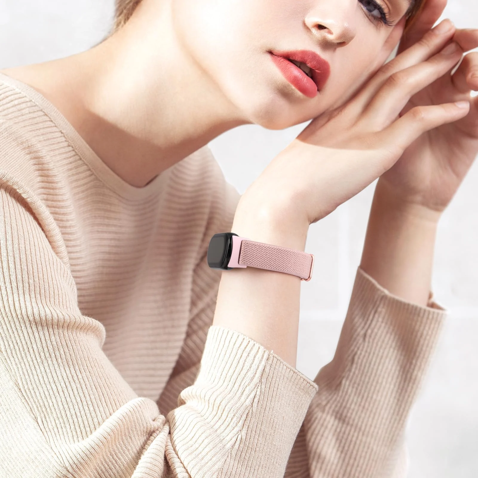 DL3 Mobilak Strap for Xiaomi Mi Band 10 / Xiaomi Mi Band 9 / Xiaomi Mi Band 8, Elastic Nylon Straps, Adjustable Breathable Replacement Bracelet for Xiaomi Smart Band 8/9/10 for Women Men - Pink