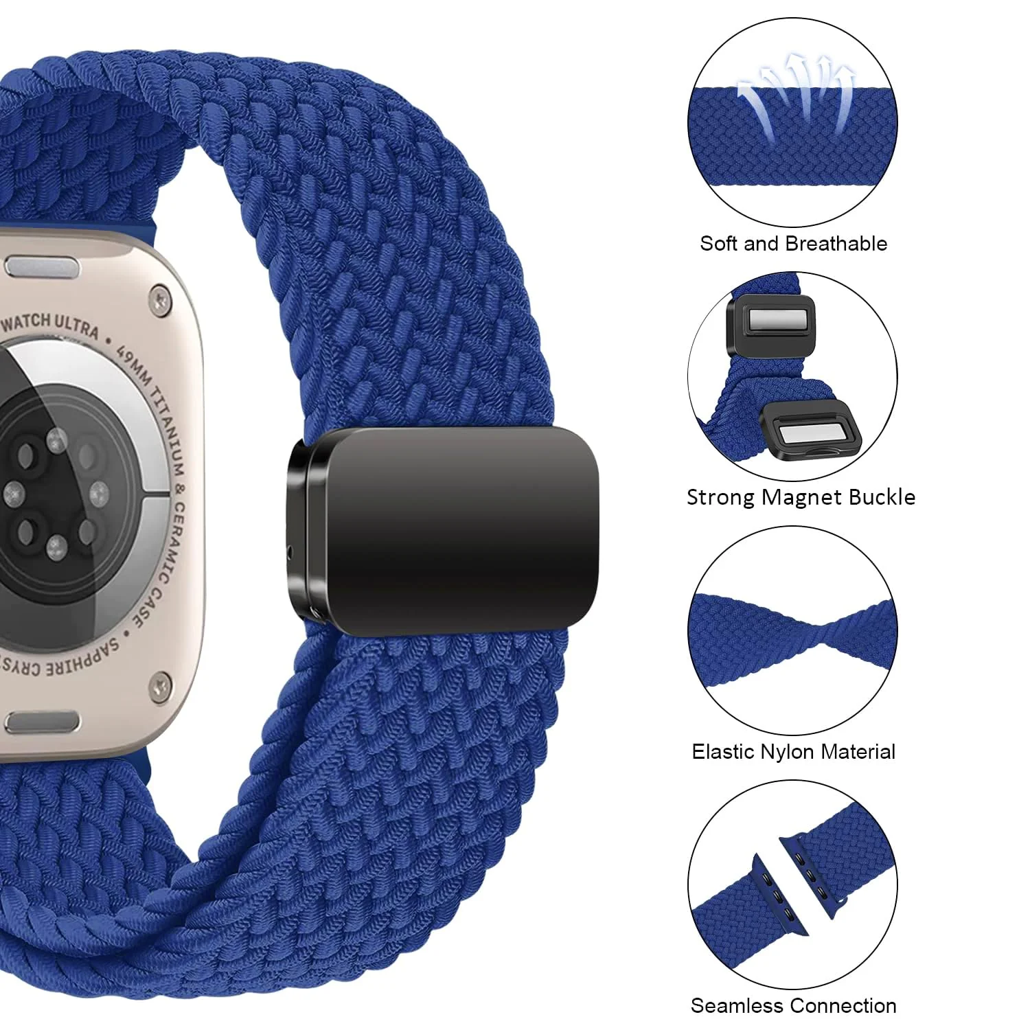 DL3 Mobilak Sport Solo Loop Compatible with Apple Watch Band 42mm 44mm 45mm 46mm 49mm for Women Men, Magnetic Strap Stretchy Braided Wristband for iWatch Series 11 10 9 8 7 6 5 4 3 Ultra 3 2 1 SE SE2 - Blue