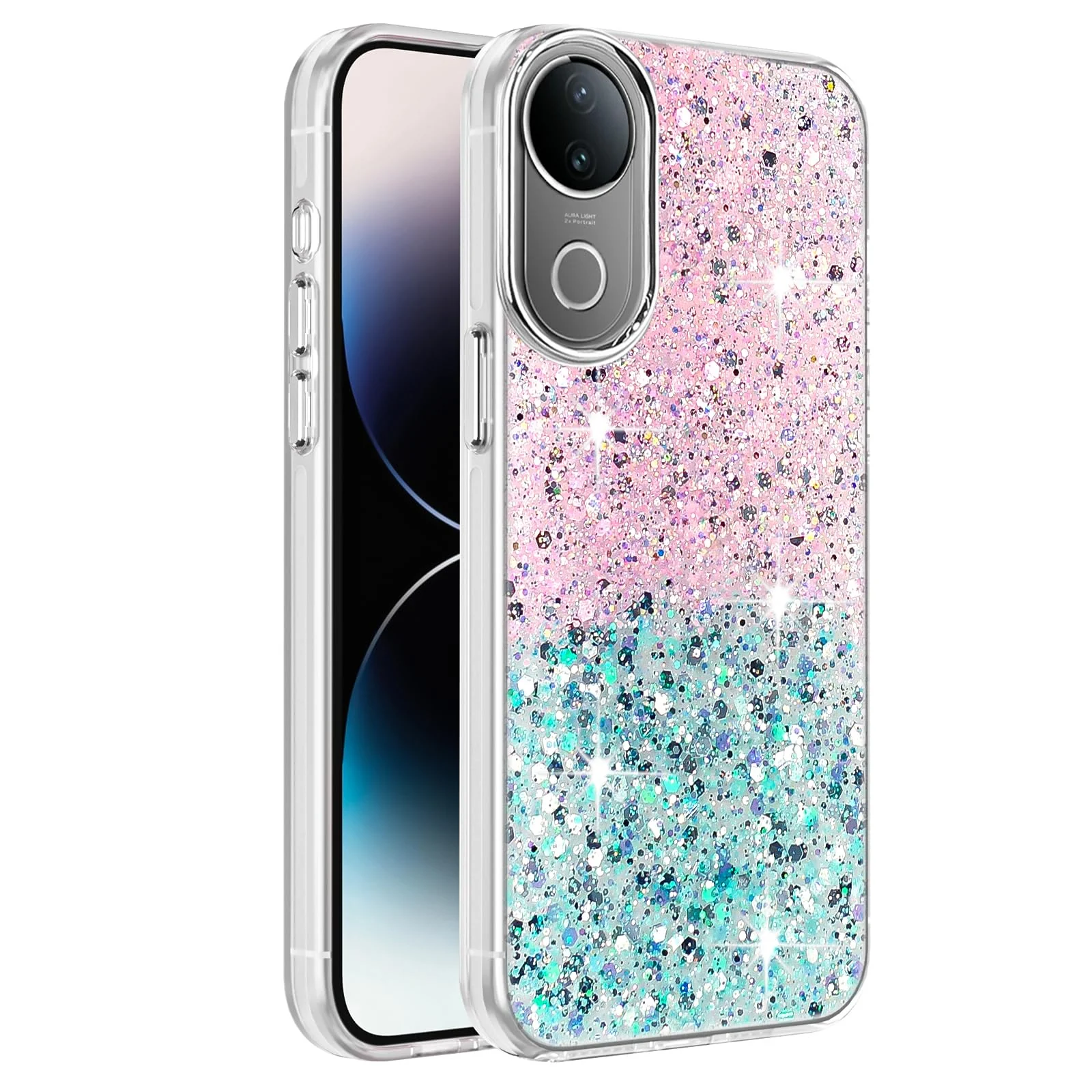 DL3 Mobilak Glitter Protective Case for vivo V50 5G / vivo V50e 5G, Supports wireless charging, Camera protection, Shock-absorbing protection - Pink Green