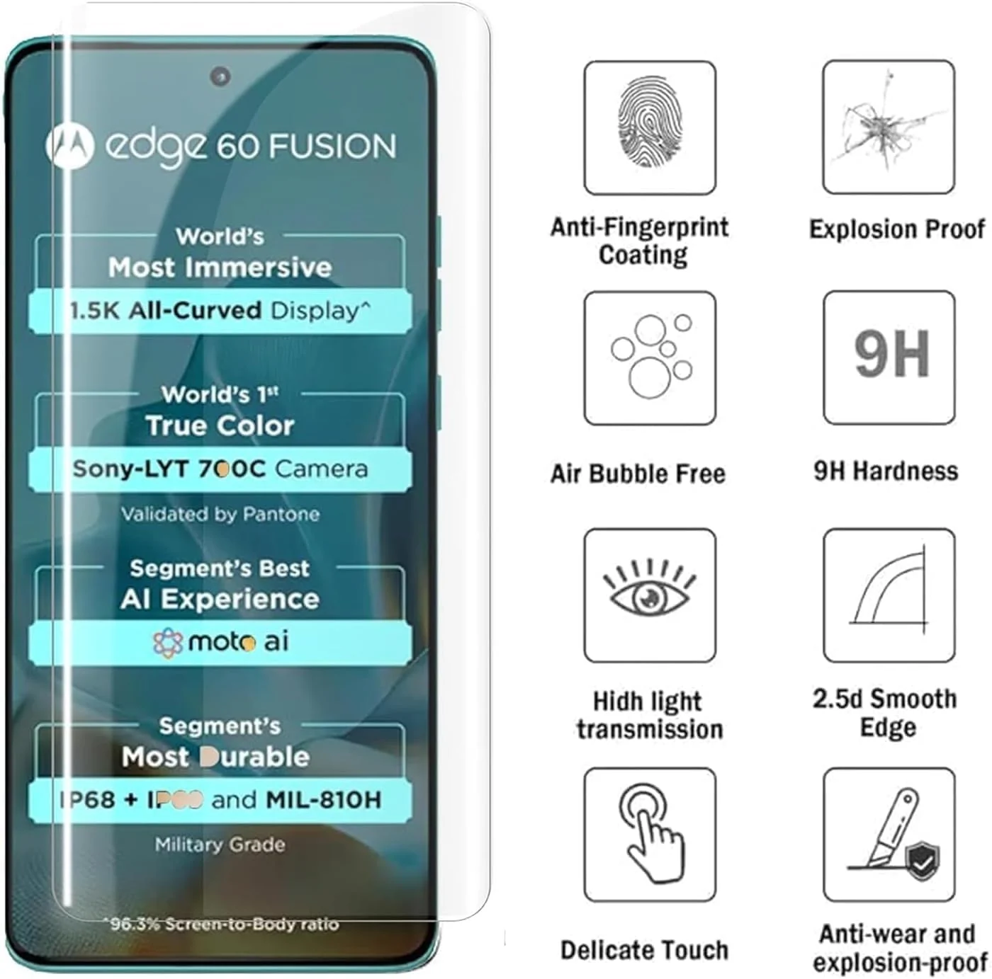 DL3 Mobilak Screen Protector Motorola Edge 60 Fusion [Liquid UV Tempered Glass] Full Screen adhesive [Sensitive Touch][Fingerprint Sensor Compatible] HD - Clear