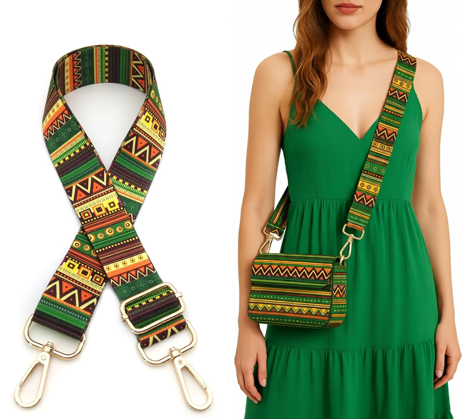 DL3 Mobilak Adjustable Wide Crossbody Bag Strap for Women, Replacement Shoulder Strap for Handbags, Totes & Purses with Elegant Embroidered Pattern and Metal Hooks - Green Yellow