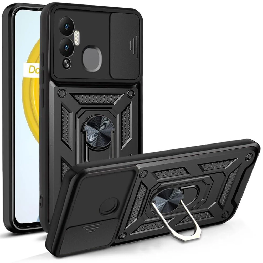 DL3 Mobilak Military-Grade Protective Case with Sliding Camera Cover, Metal Ring Kickstand and Magnetic Car-Mount Support for Infinix Hot 12 Play - Black