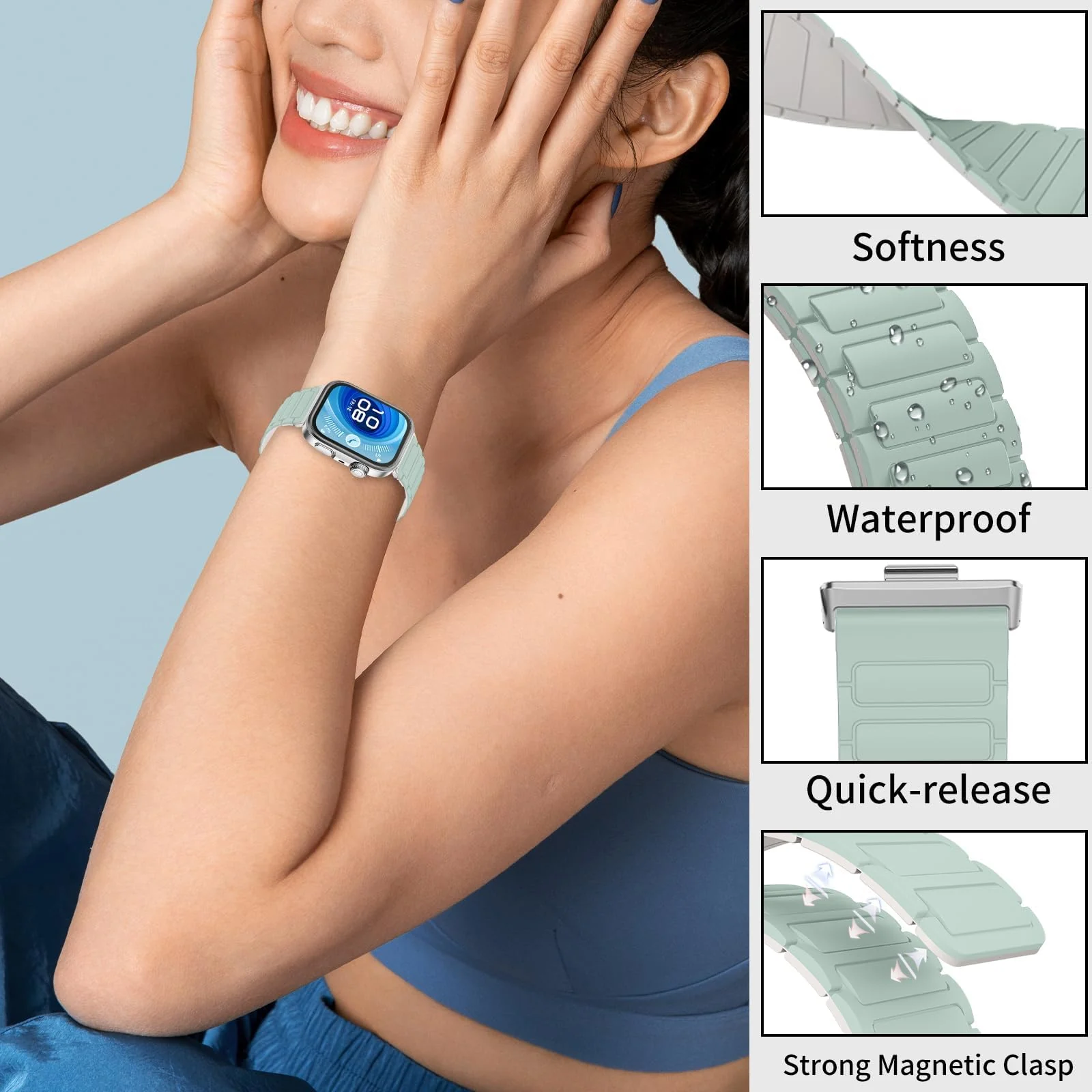 DL3 Mobilak Magnetic Strap for Huawei Watch Fit 4 Pro/Fit4/Fit 3 Replacement Straps Strong Silicone, Easy to Wear, Waterproof, Sporty, Daily Wear Watchbands for Men and Women - Mint Green | Starlight