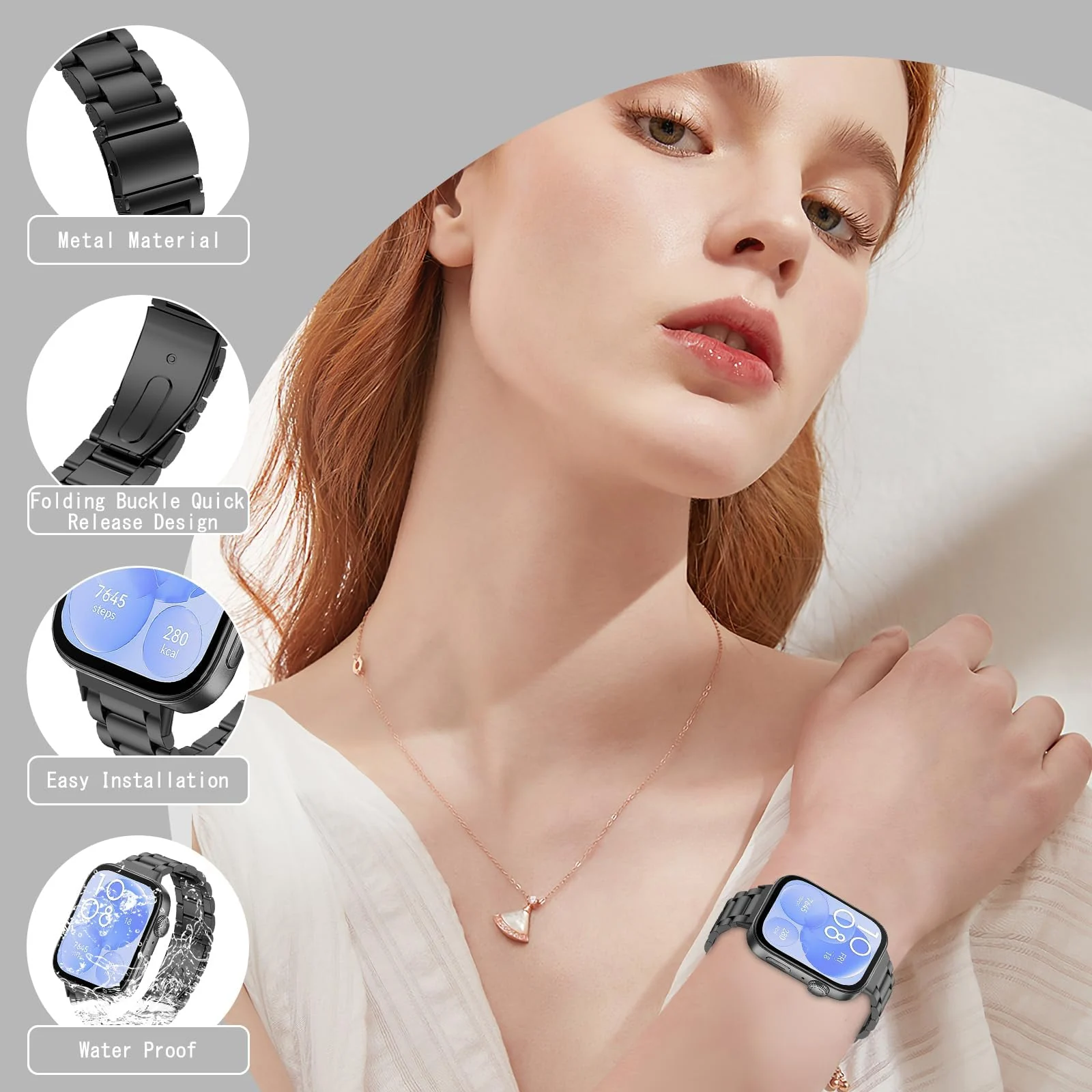 DL3 Mobilak Metal Straps Compatible with Huawei Watch Fit 3/Fit 4/Fit 4 Pro Strap, Stainless Steel Replacement Band with Folding Clasp, Adjustable Replacement Bracelet Wristband - Black