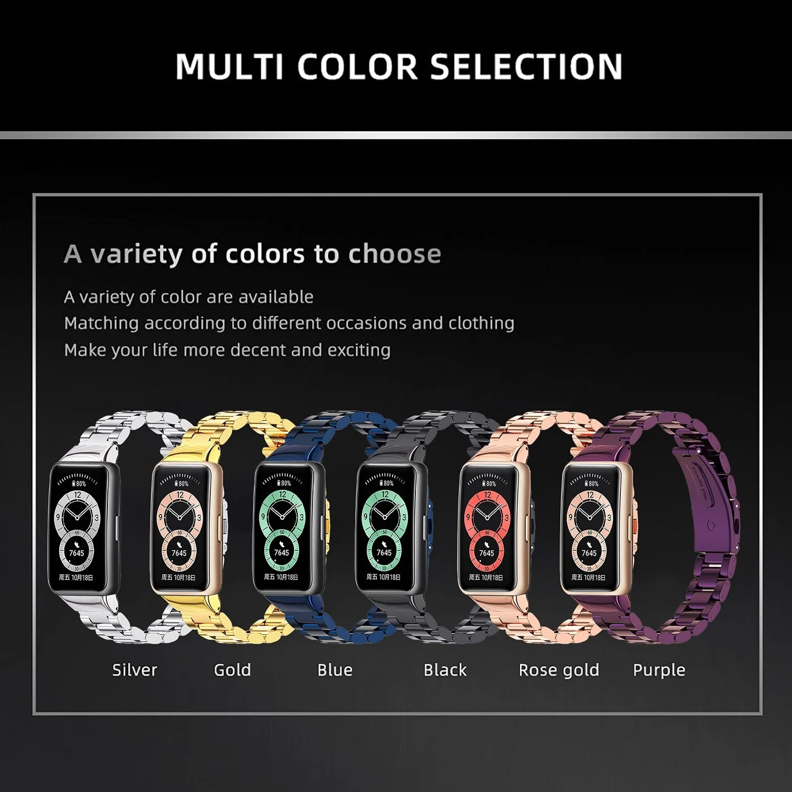 MOBIGON Stainless Steel Bracelet Strap with Double-Folding Clasp for Huawei Band 6 / HONOR Band 6 / HONOR Band 7, Rose Gold