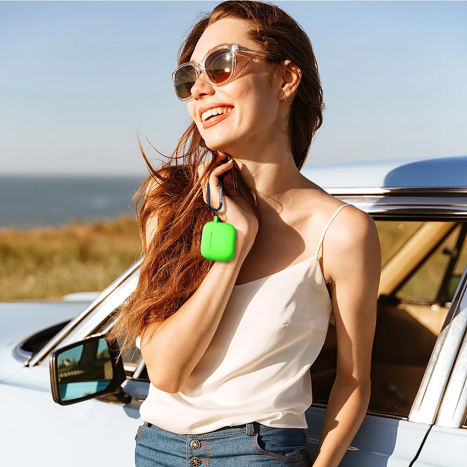 DL3 Mobilak AirPods 3 Case Cover, Silicone Protective Accessories Skin with Keychain Compatible with Apple AirPod 3rd Generation 2021 for Women Girl, Front LED Visible - Neon Green