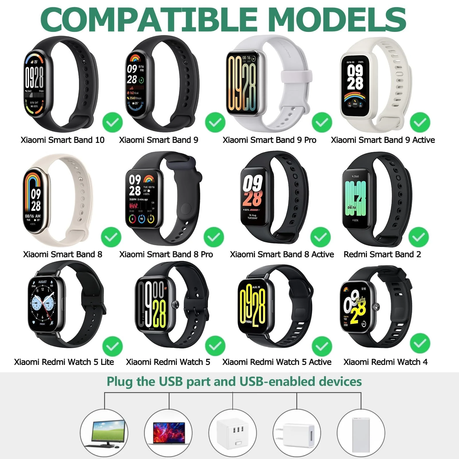 DL3 MOBILAK Charger For Xiaomi Redmi Watch 5/5 Active/5 Lite/4/3 Active/3 Lite, Redmi Band 2/3, 1m Portable Charging Cable For Xiaomi Smart Band 10/9/9 Pro/9 Active/Mi Band8/8 Pro/8 Active - White