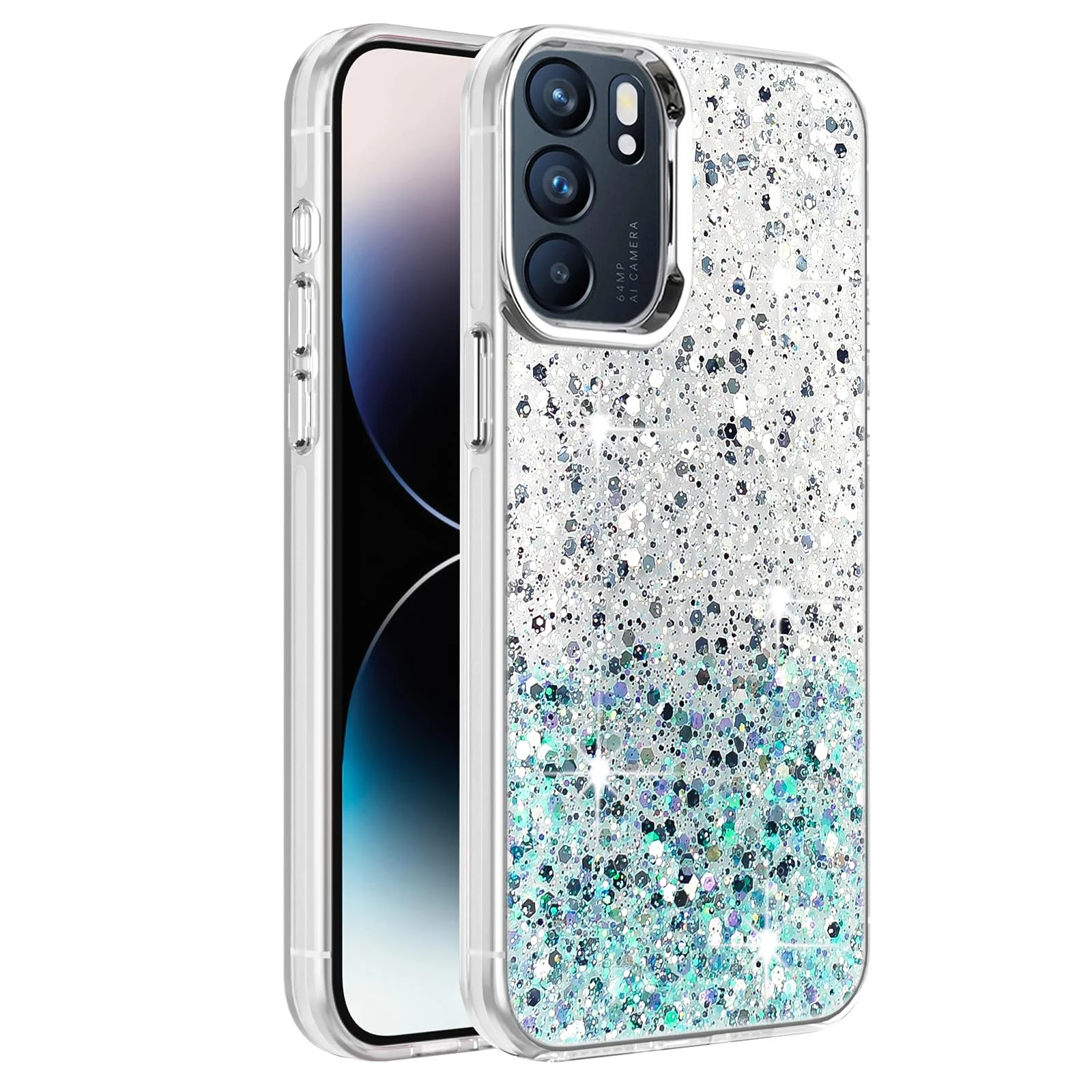 DL3 Mobilak Glitter Protective Case for OPPO Reno6 5G / Reno 6 5G, Supports wireless charging, Camera protection, Shock-absorbing protection - White Green