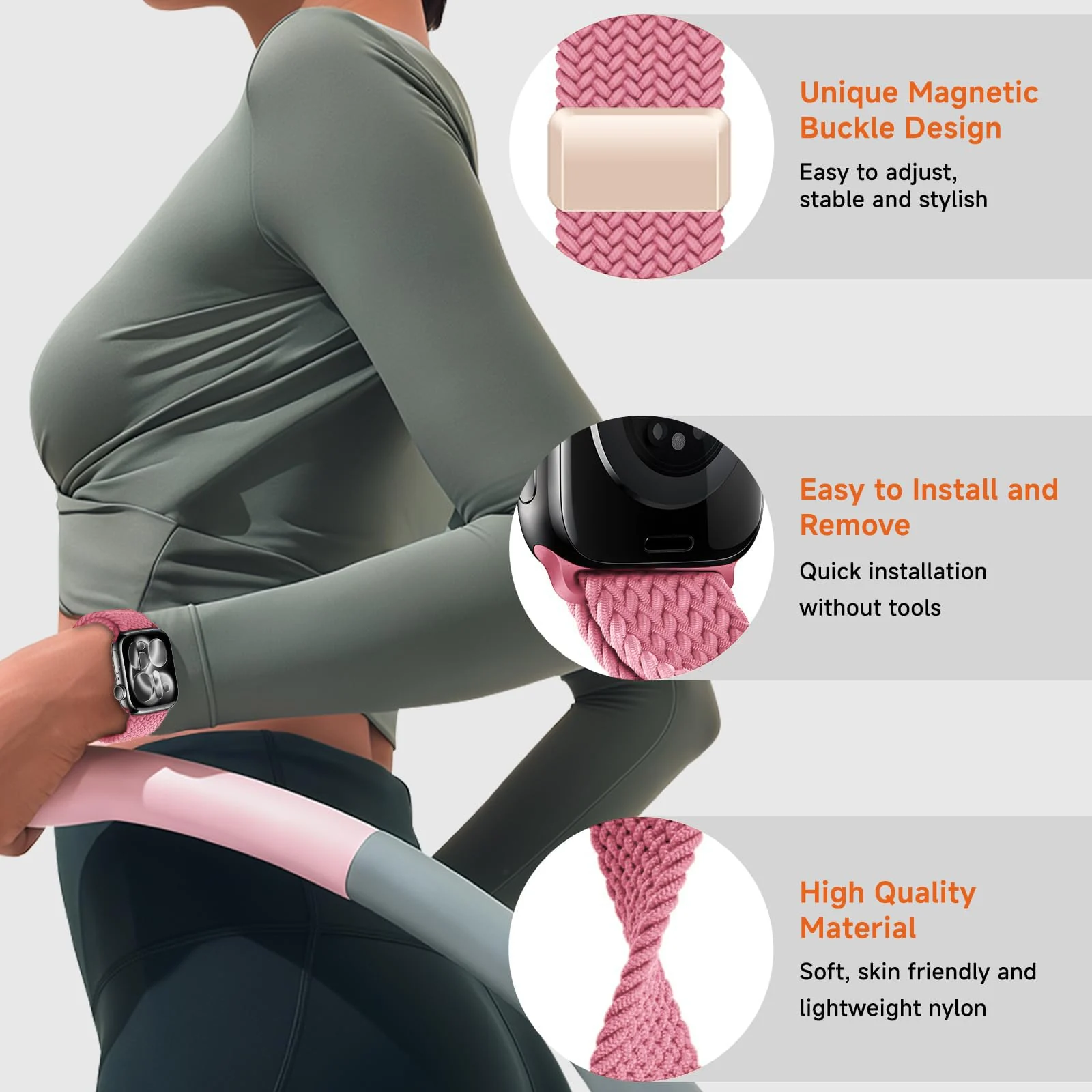 DL3 Mobilak Sport Solo Loop Compatible with Apple Watch Band 42mm 44mm 45mm 46mm 49mm for Women Men, Magnetic Strap Stretchy Braided Wristband for iWatch Series 11 10 9 8 7 6 5 4 3 Ultra 3 2 1 SE SE2 - B-Pink