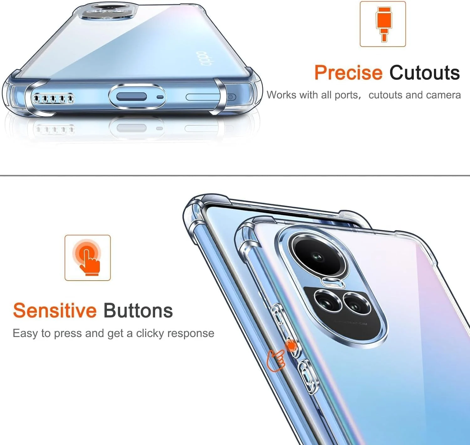 DL3 Mobilak Case Compatible with Reno 10 5G & 10 Pro 5G, Cover Silicone TPU Gorilla Anti-shock Protector Camera Shockproof Corners - Clear