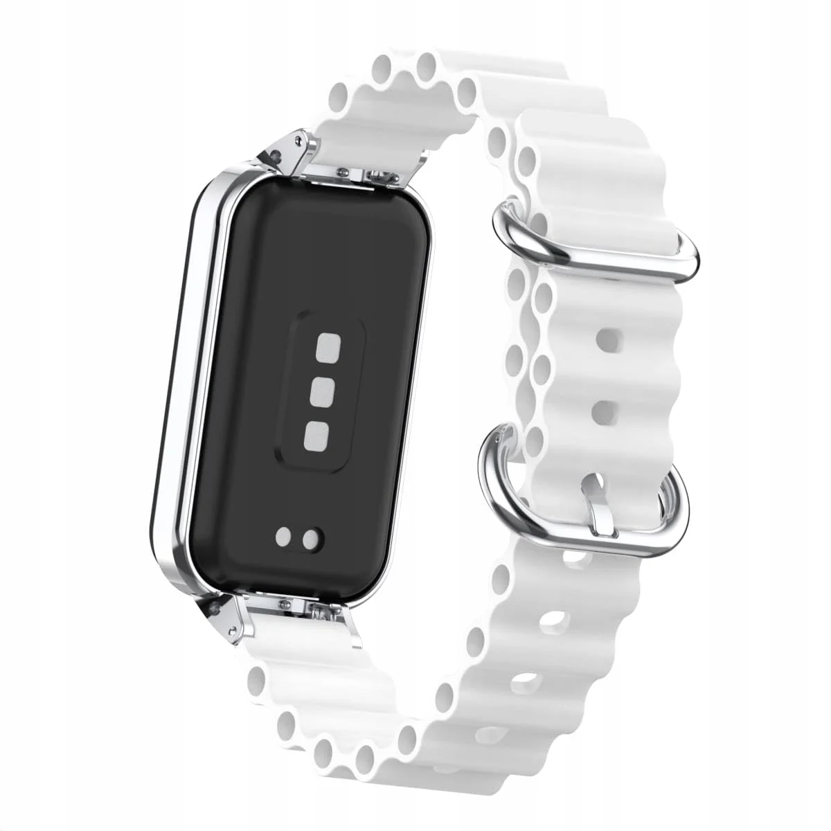 DL3 Mobilak Ocean Strap Compatible with Xiaomi Redmi Band 2/ Xiaomi Smart Band 8 Active, Adjustable Silicone Strap with Metal Buckle, Band With Frame Metal Women Men Replacement Strap - White