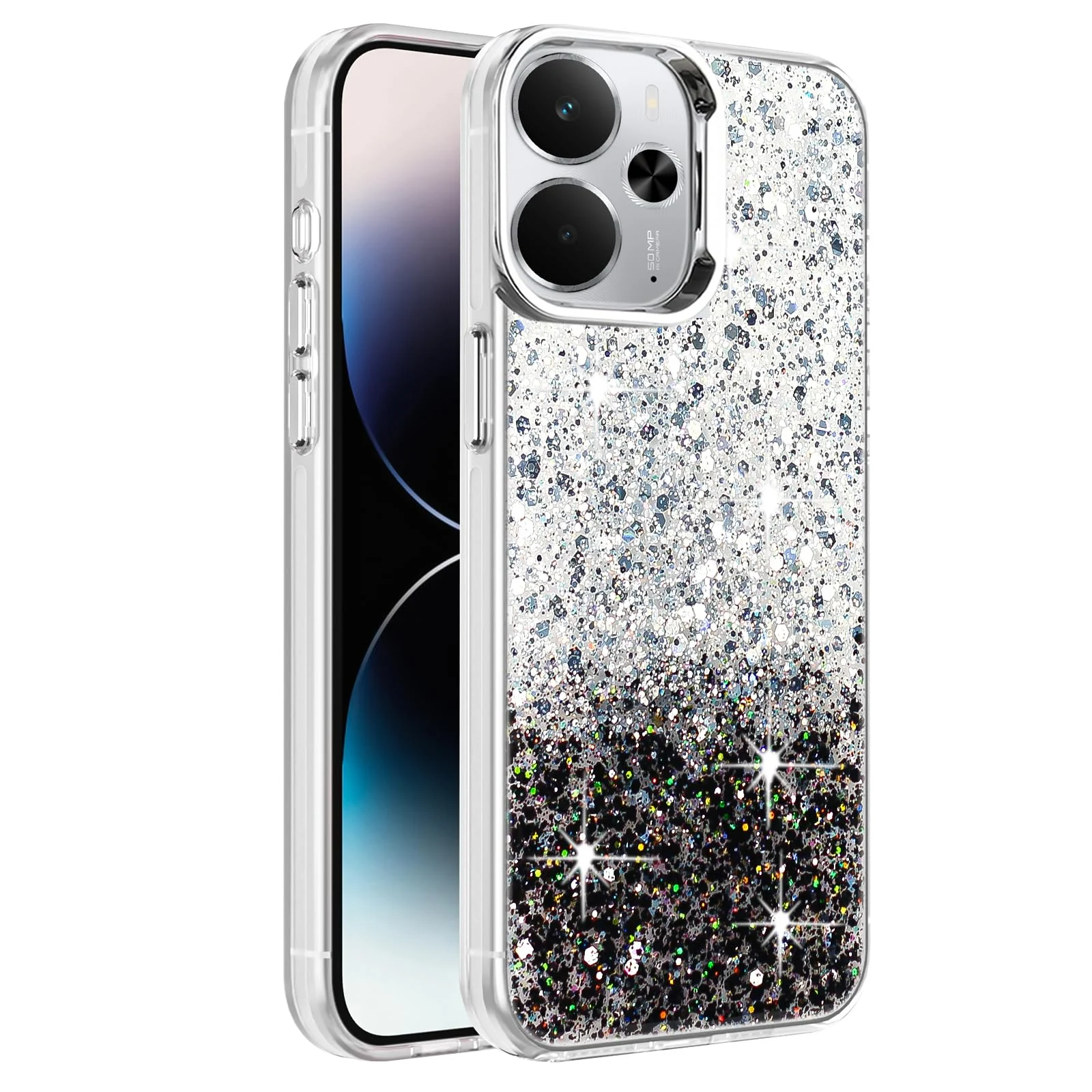 Dl3 Mobilak Compatible with Realme 14 Case, Clear Glitter Bling Sparkly, Soft TPU Frame Bumper, Hard-Back Cover for Women & Girls, Transparent Protective Phone Case (Pink Purple)