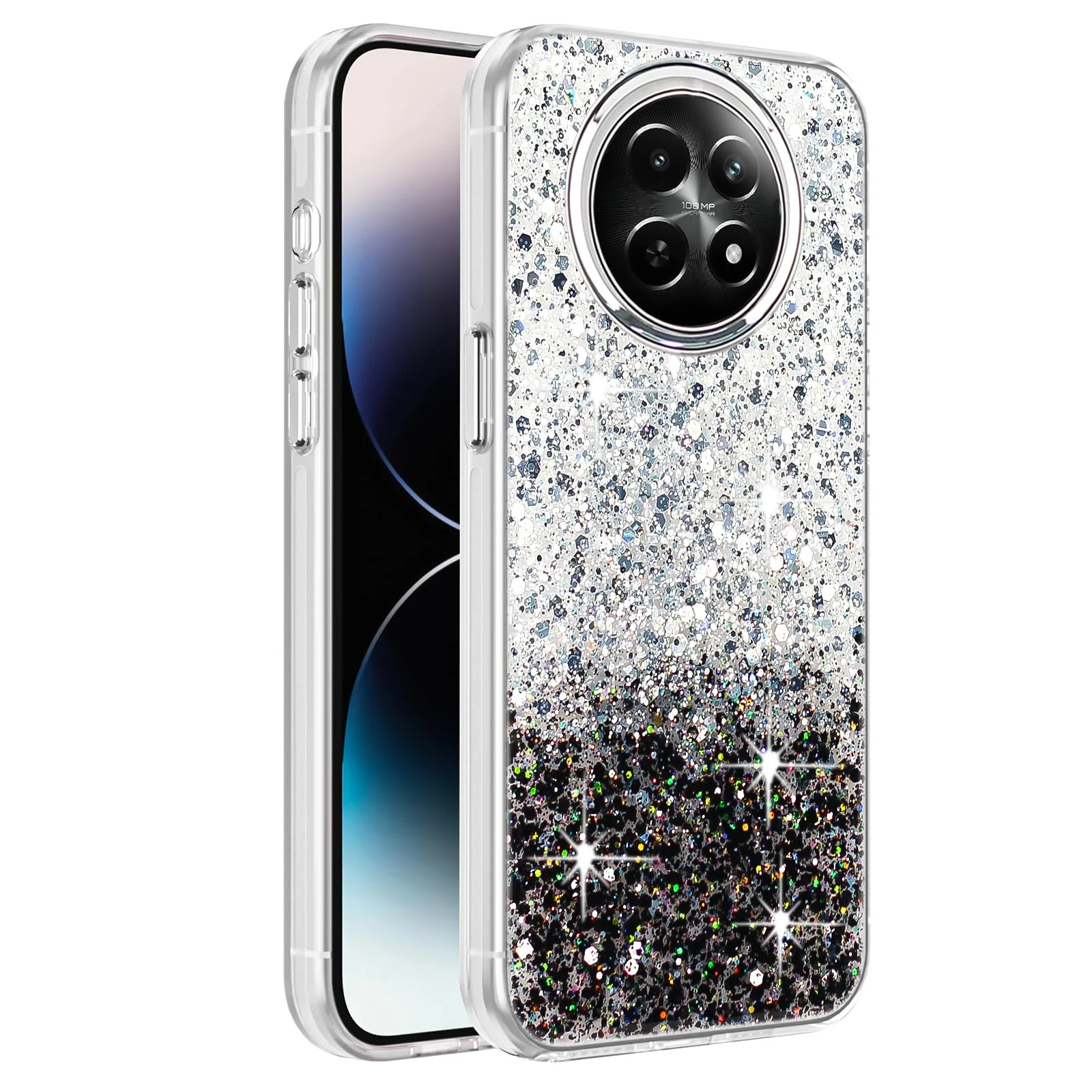 DL3 Mobilak Glitter Protective Case for realme 13 5G / realme 12 5G / realme 12x 5G, Supports wireless charging, Camera protection, Shock-absorbing protection - White Black