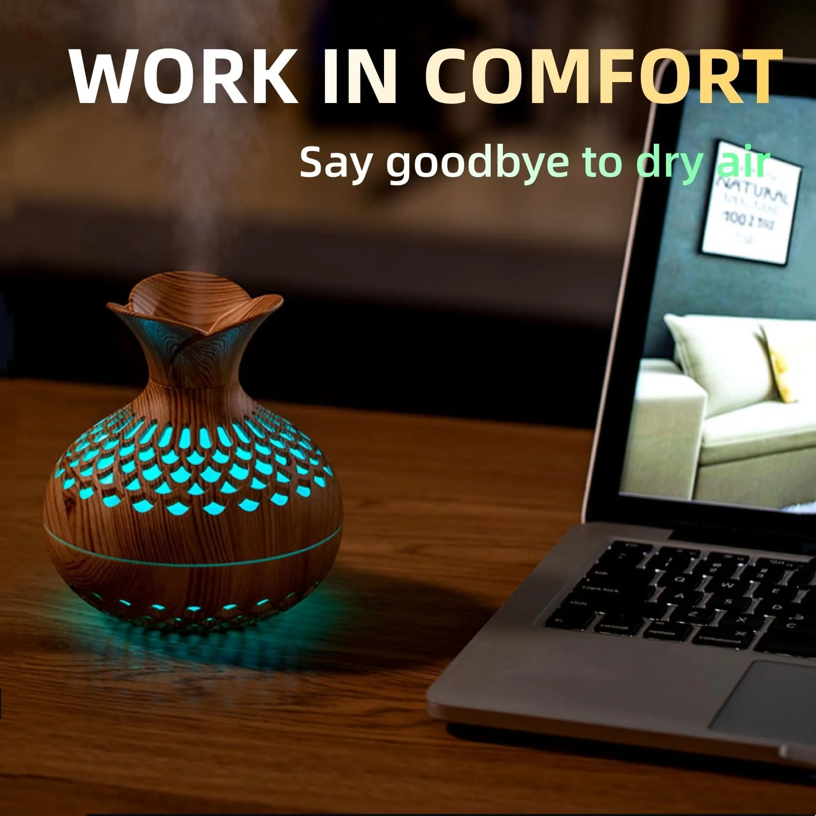 Mobigon Wood Cool Mist Ultrasonic Humidifier for Room Moisture, Aroma Diffuser for Home, 300ml Essential Oil Diffuser with 7 Colorful Night Light, Auto Shut-Off, Home, Office, car - Light Brown