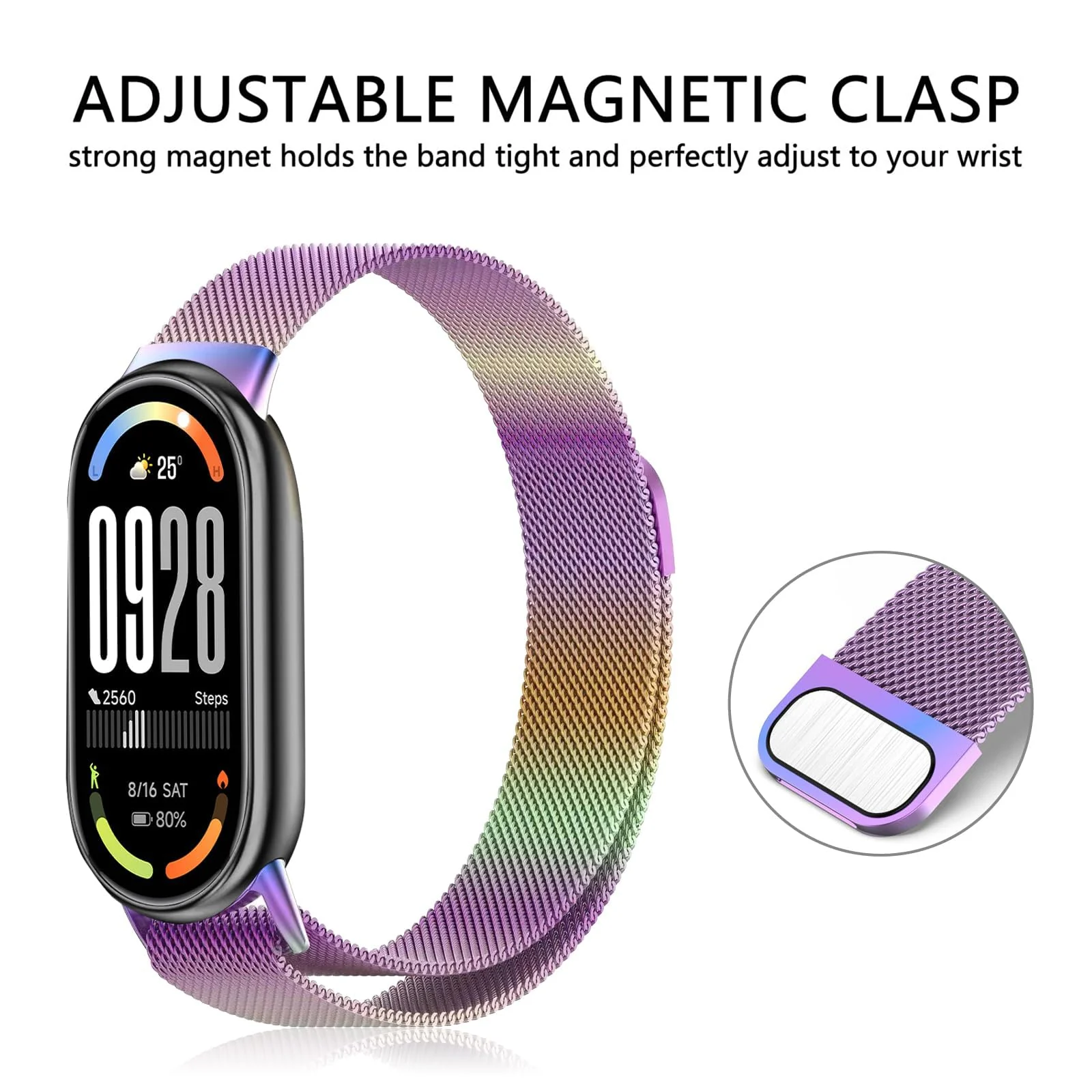 DL3 Mobilak Bracelet Compatible with Xiaomi Mi Band 10/9/8, Stainless Steel Replacement Straps, Mesh Metal Watch Strap, Magnetic Adjustable Replacement Strap For Xiaomi Smart Band 8/9/10 (Colourful)