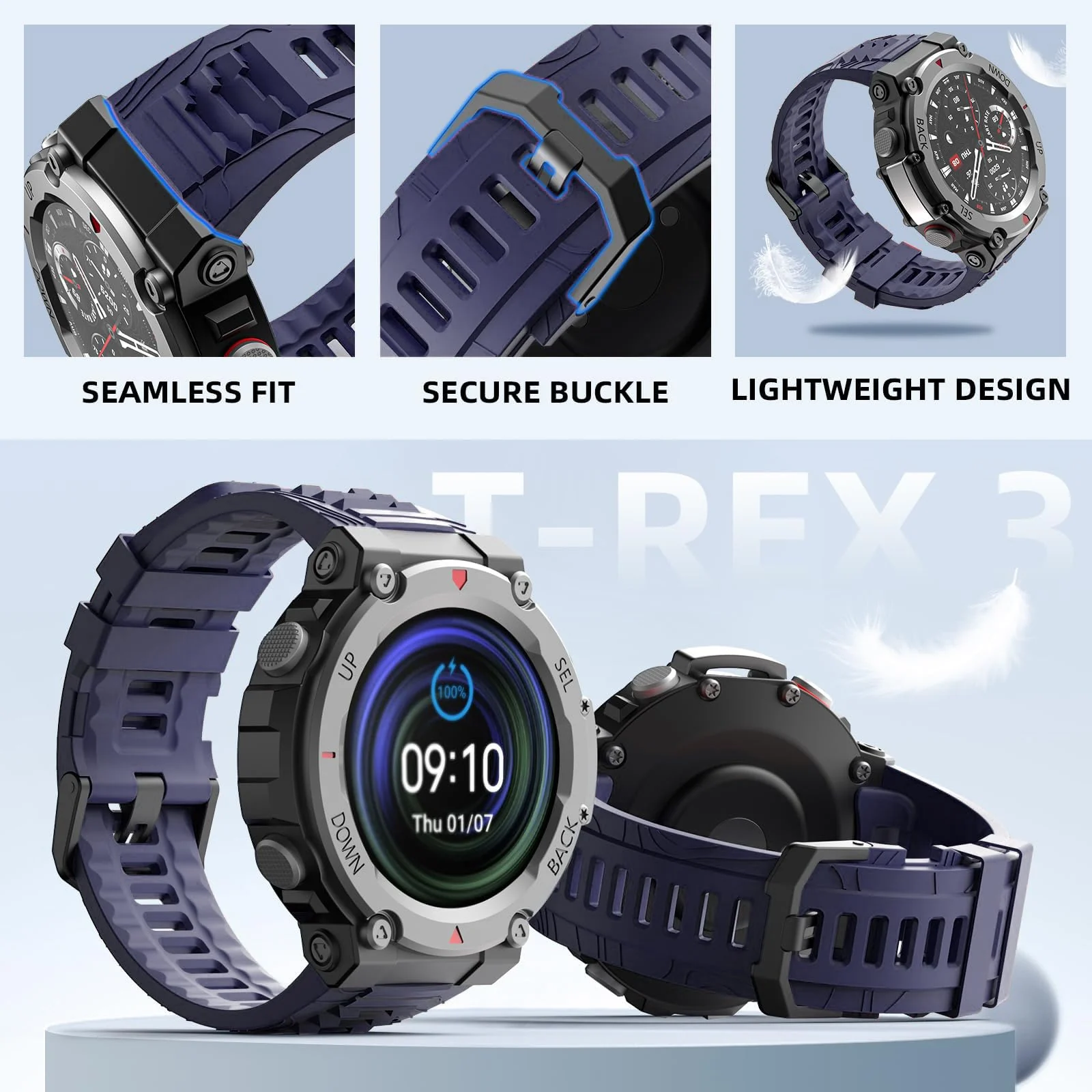 DL3 Mobilak Strap Compatible with Amazfit T-Rex 3, Men Women Sport Waterproof Soft Breathable Silicone Watch Bands Compatible with Amazfit T-Rex 3 with 1 Install Tool - Blue