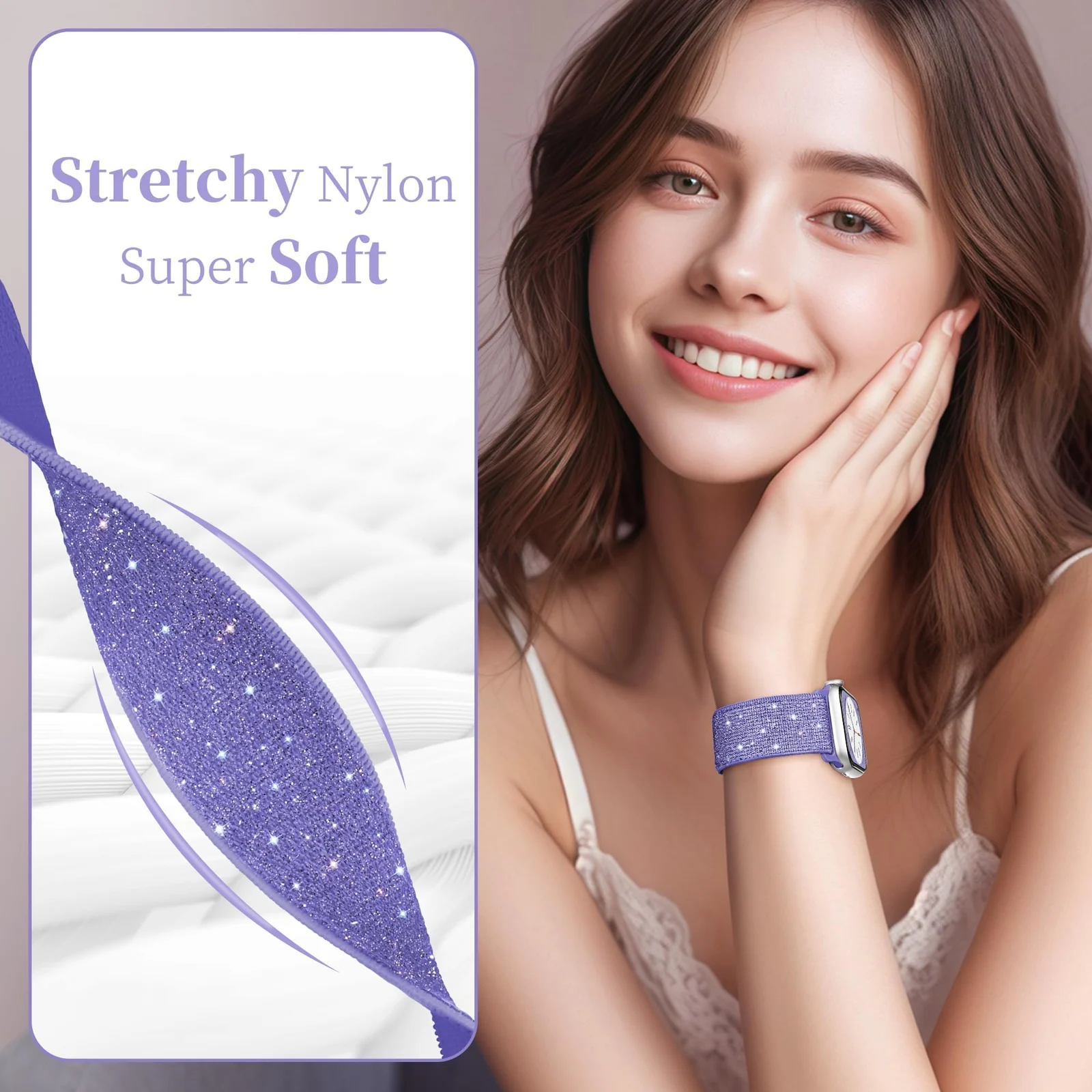 DL3 Mobilak Stretchy Bling Band For Apple Watch 49mm 46mm 45mm 44mm 42mm Women, Nylon Sparkly Strap Solo Loop Glitter Wristband for iWatch Series 11 10 9 8 7 6 5 4 SE3 SE2 SE Ultra 3 2 1 - Light Purple