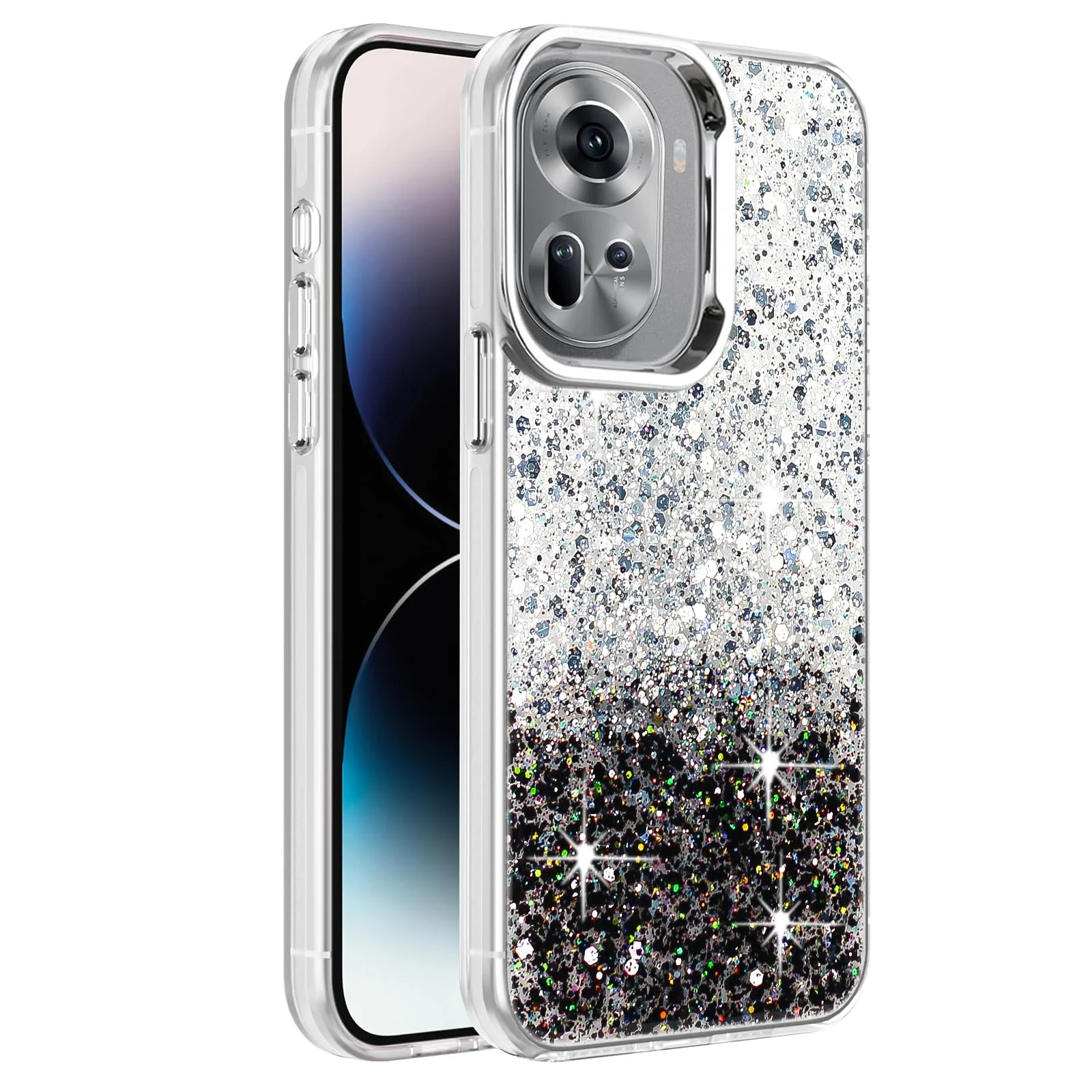 DL3 Mobilak Glitter Protective Case for OPPO Reno11 5G / Reno 11 Pro 5G, Supports wireless charging, Camera protection, Shock-absorbing protection - White Black