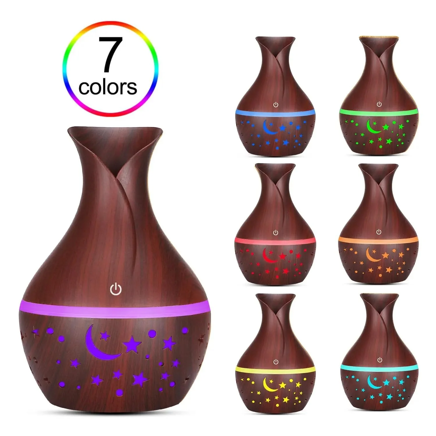 Mobigon Wood Cool Mist Ultrasonic Humidifier for Room Moisture, Aroma Diffuser for Home, 200ml Essential Oil Diffuser with 7 Colorful Night Light, Auto Shut-Off, Home, Office, car - H.Dark Brown