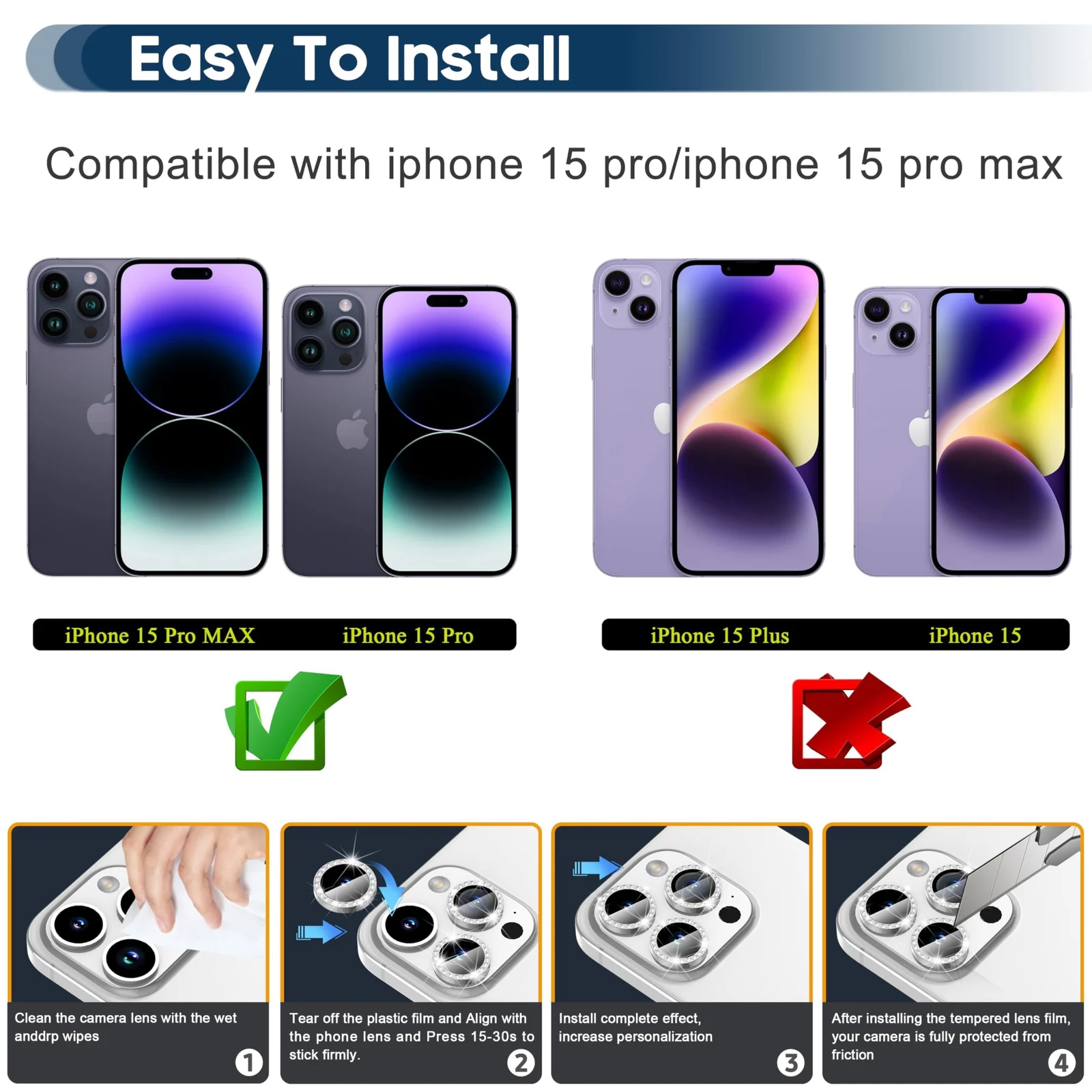 DL3 Mobilak Camera Lens Protector For iPhone 15 Pro/iPhone 15 Pro Max, [Keep Original Shooting] Tempered Glass Screen Protector Metal Individual Camera Cover, Case Friendly - Diamond Silver