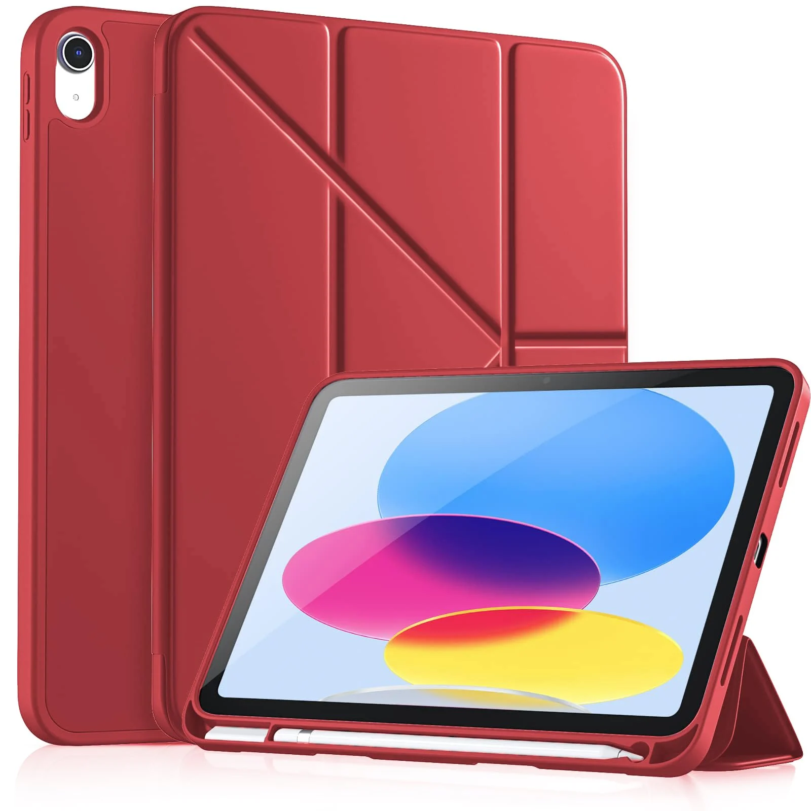 DL3 Mobilak iPad (A16) Case/iPad 10th Generation [11-Inch 2025/10.9 Inch 2022] with Pencil Holder, [Support Touch ID] Flexible TPU Back Shell Smart Trifold Stand Protective Auto Wake/Sleep - A. Red