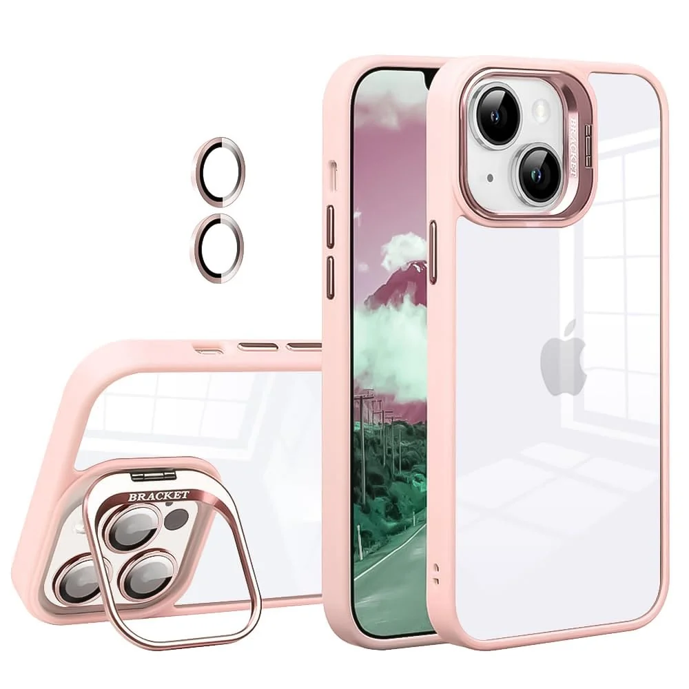 DL3 Mobilak Clear PC and TPU Case with Camera Ring Kickstand and Lens Protector for iPhone 13 / iPhone 14 - Pink