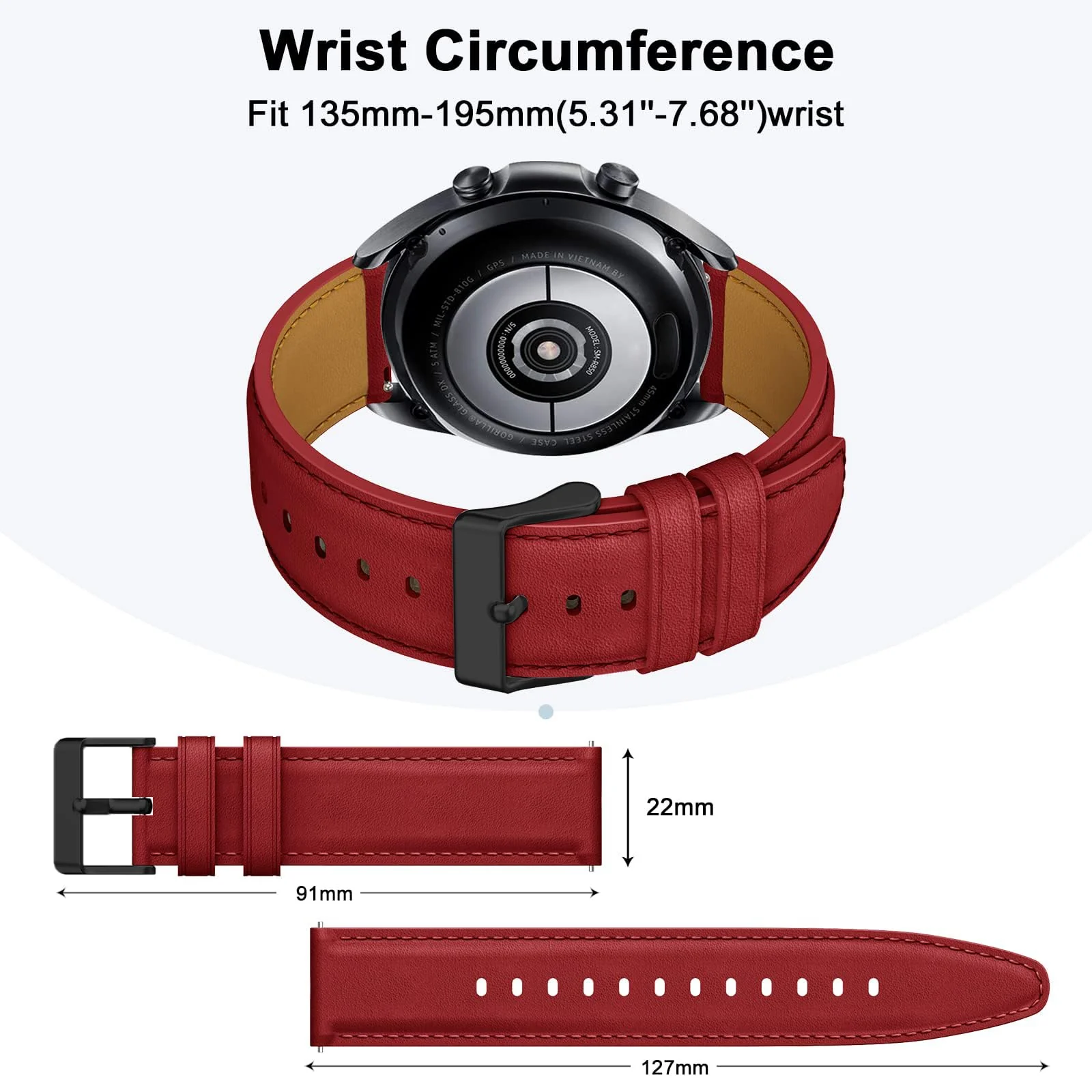 DL3 Mobilak Leather Band 20MM Strap For Samsung Gear Sport/Watch 4/Watch 5/5 Pro /S2 classic/active 2 40mm 44mm/Amazfit GTS 3/ GTS 4/4 Mini/Bip 3/Pro/GTS 2 mini/GTS 2e/Bip U/UPro - Red