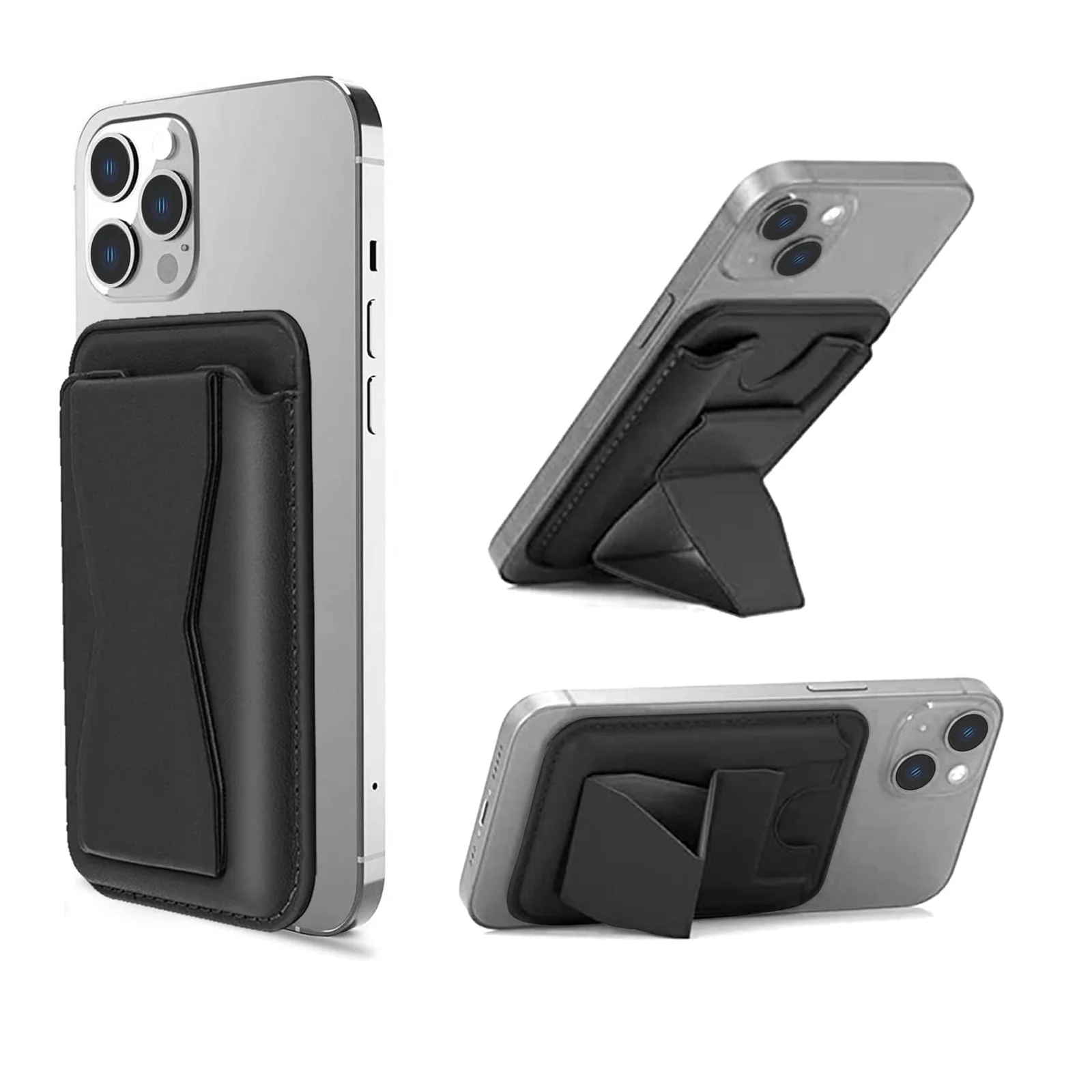 DL3 Mobilak Phone Card Holder for MagSafe Wallet, Vegan Leather Magnetic Mobile Phone Stand, Magnetic Wallet Stand, for iPhone 16 15 14 13 12 Pro Max Plus - Black