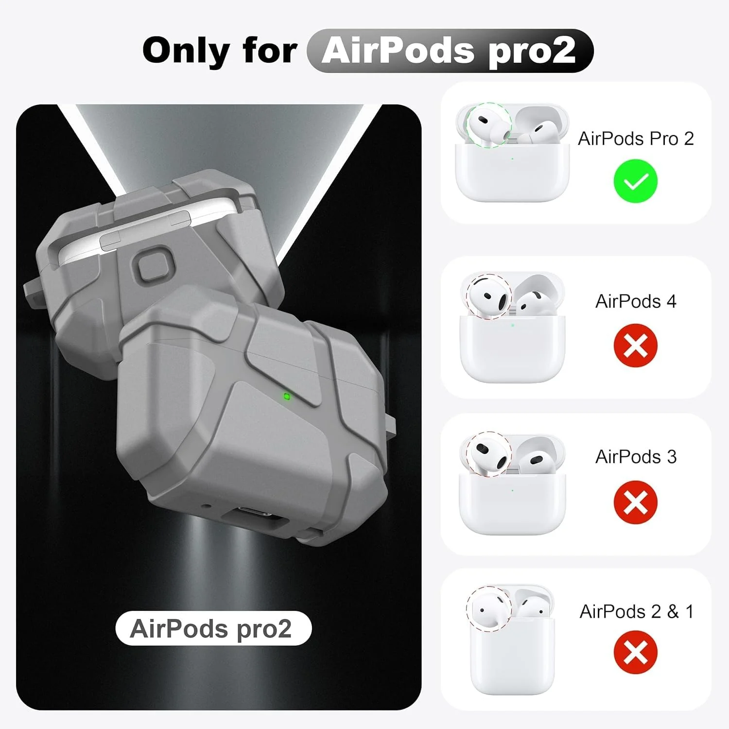 DL3 Mobilak AirPods Pro 1/2 Case, Shockproof Silicone Protective Case for Apple AirPod Pro 2nd/1st Generation, Hard Shell Design, Anti-Scratch, Front LED Light with Carabiner - Gray