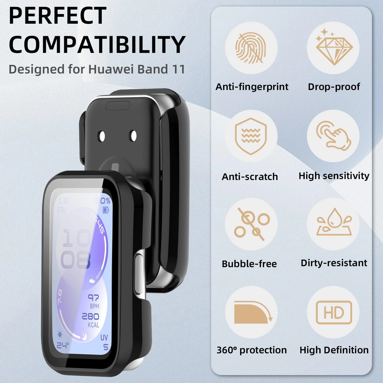 DL3 Mobilak Case with Screen Protector for Huawei Band 11, Bumper Full Coverage Hard PC Overall Protective Cover, Built-in Tempered Glass Film High Sensitivity For Huawei Band 11 - Black