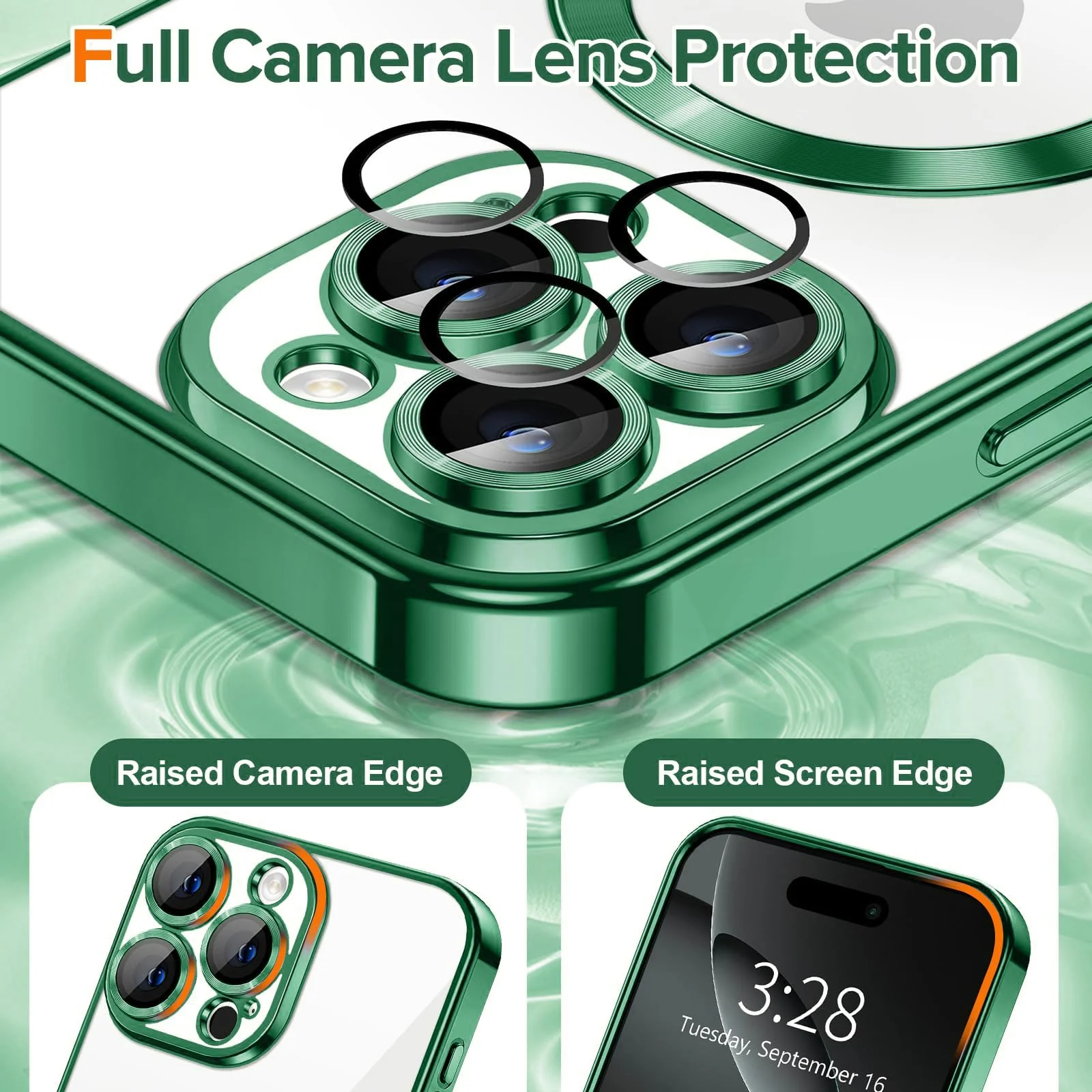 DL3 Mobilak Clear MagSafe-Compatible Magnetic Case for iPhone 16 Pro with Camera Protection and Shockproof Design - Green