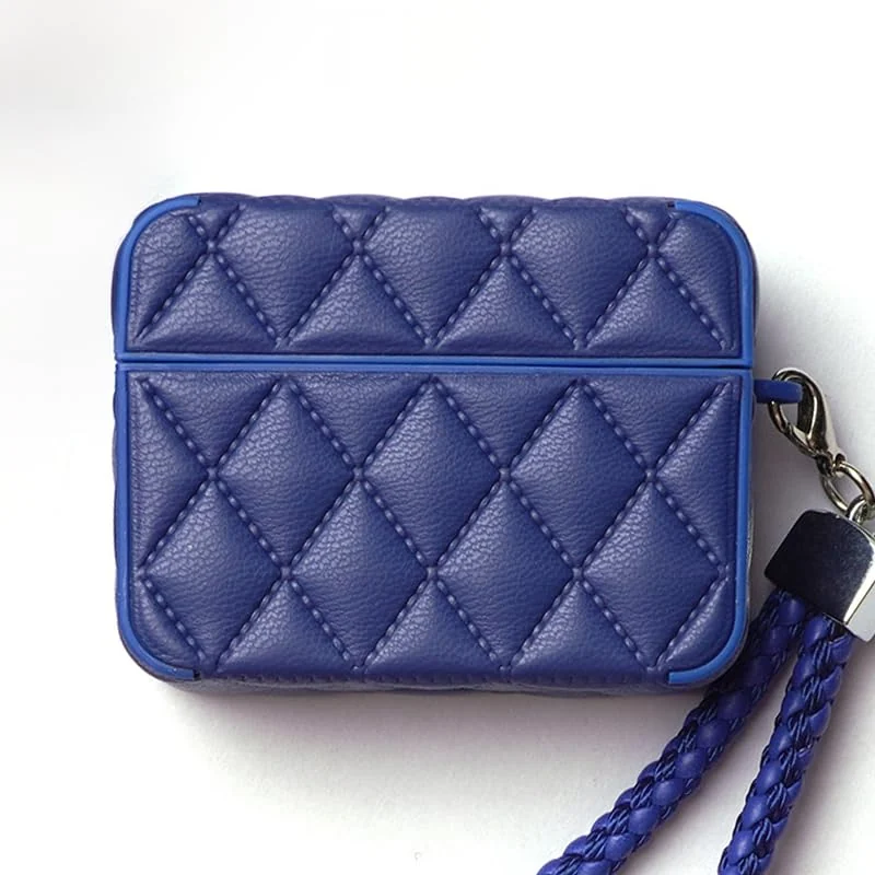 MOBIGON Diamond-Quilted PU Leather Case with Lanyard for Apple AirPods Pro 1 / 2, Blue