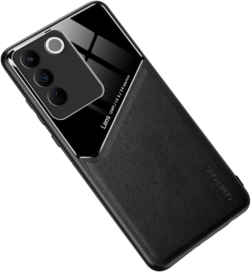 DL3 Mobilak Leather and PC Protective Case for vivo V27e / vivo S16e, Built-in magnetic car-mount support, Shock-absorbing protection, Raised edges around the screen and camera - Black