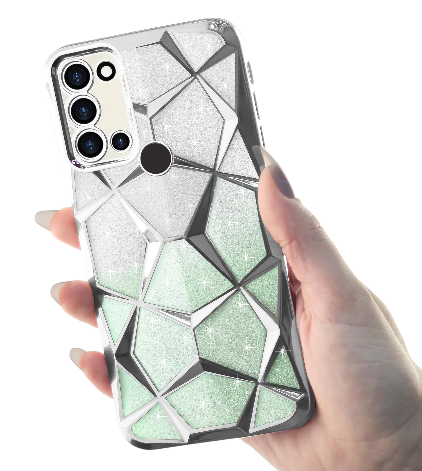 DL3 Mobilak Compatible with Samsung Galaxy A21s Case Plating Bling Gradient Glitter Clear Cover Soft TPU Silicone Cute Camera Protection Shockproof Back for Women Girls Case - Silver Green