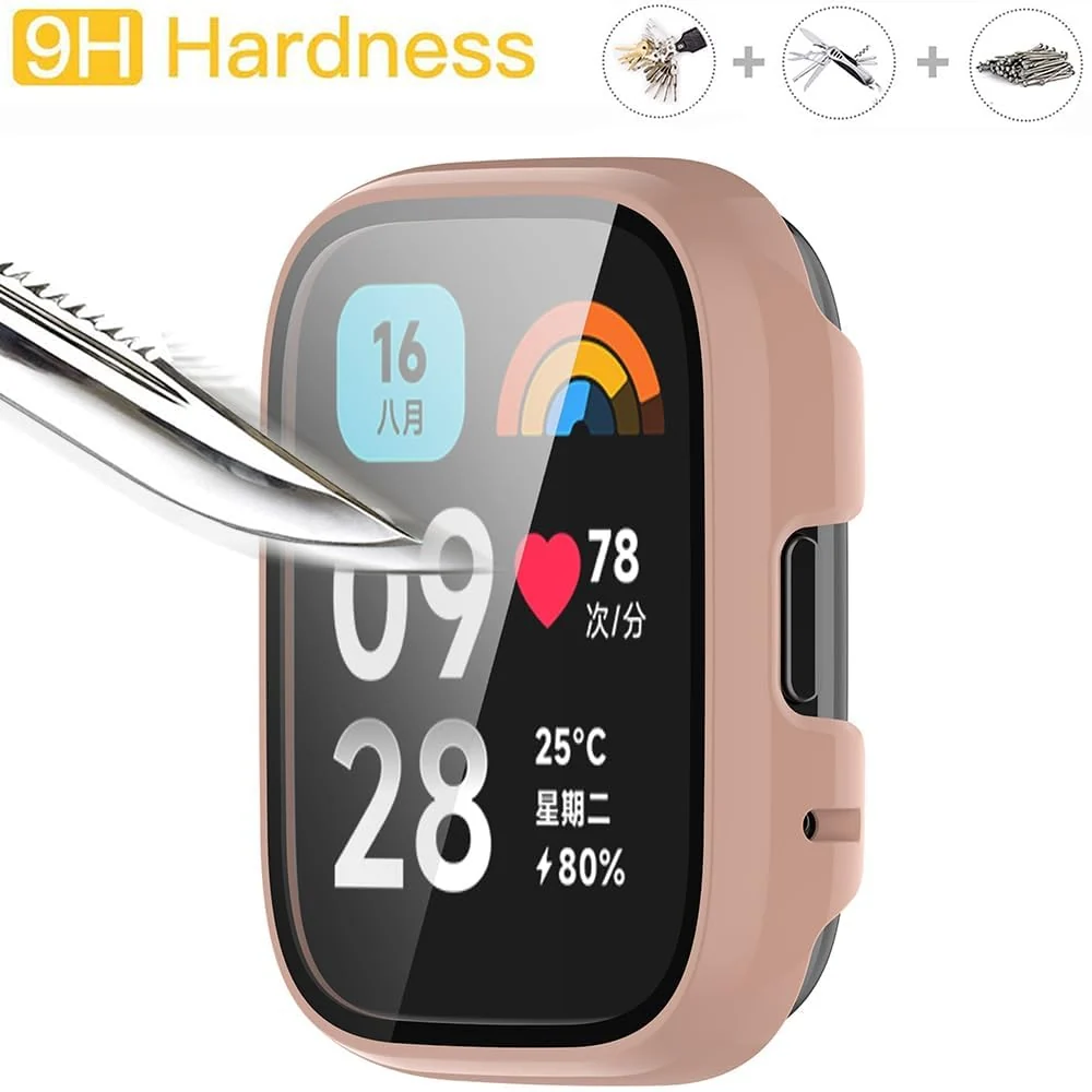 DL3 Mobilak Protective Case Compatible with Xiaomi Redmi Watch 3 Lite/Redmi Watch 3 Active 9H Hardness PC Case Bumper Full Slim Protective Cover with Tempered Glass - Pink