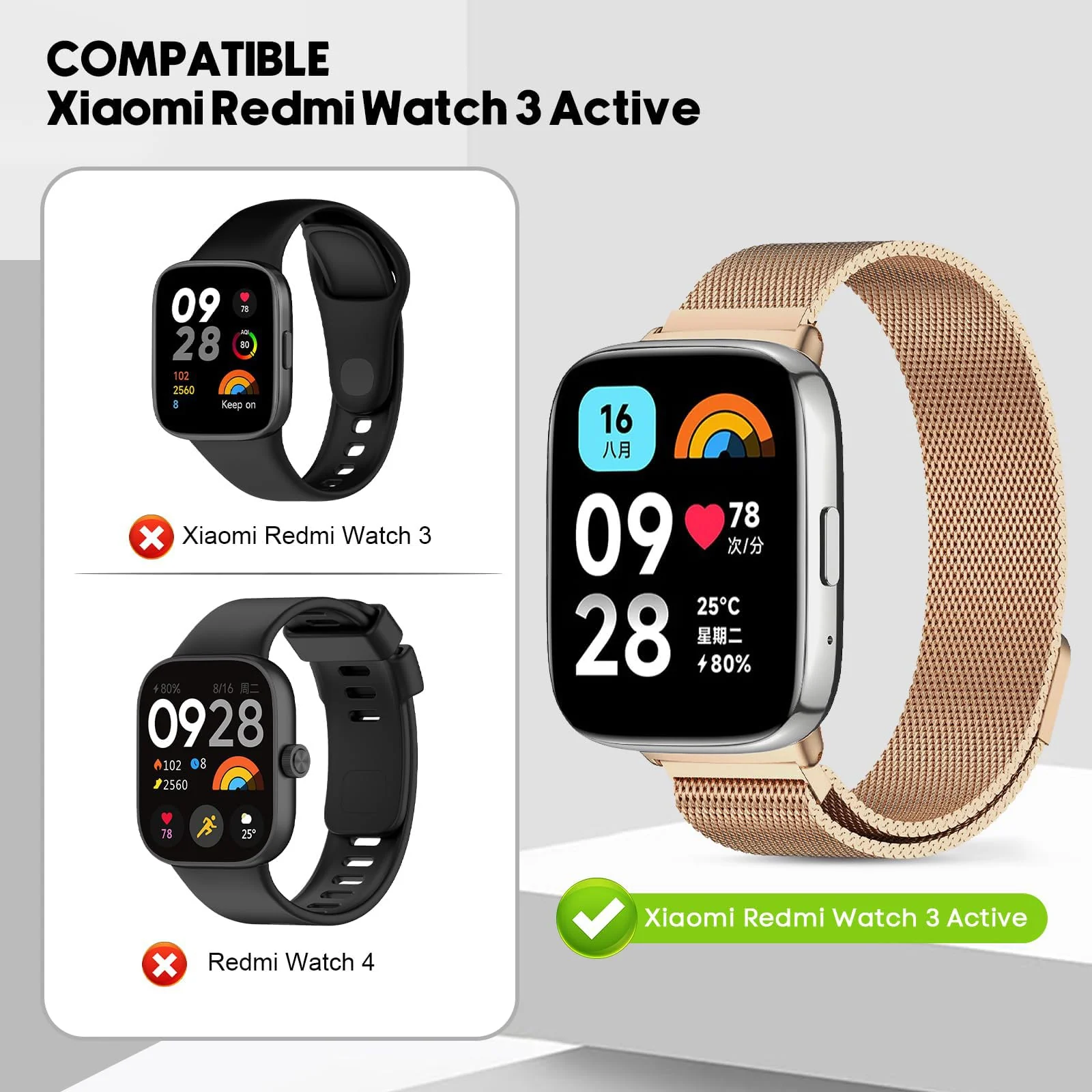 DL3 Mobilak Bracelet Compatible with Xiaomi Redmi Watch 3 Active/Redmi Watch 3 Lite, Stainless Steel Replacement Strap, Mesh Metal Watch Strap, Magnetic Adjustable Replacement Band For Men Women - Rose Gold