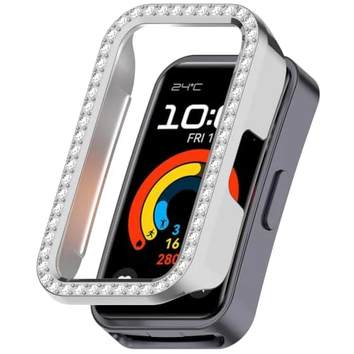 Dl3 Mobilak Bling Case Without screen protector for Huawei Band 8/9/10, Hard PC Frame Case, Crystal Diamonds Bumper Cover for Women Girls, Slim Protective Cover (Silver)
