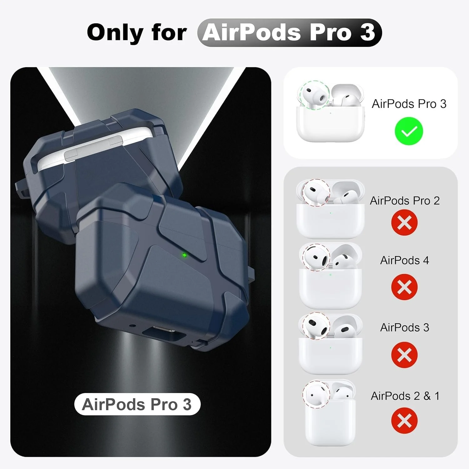 DL3 Mobilak AirPods Pro 3 (2025) Case, Shockproof Silicone Protective Case for Apple AirPods Pro 3 (2025) Generation, Hard Shell Design, Anti-Scratch, Front LED Light with Carabiner - Blue