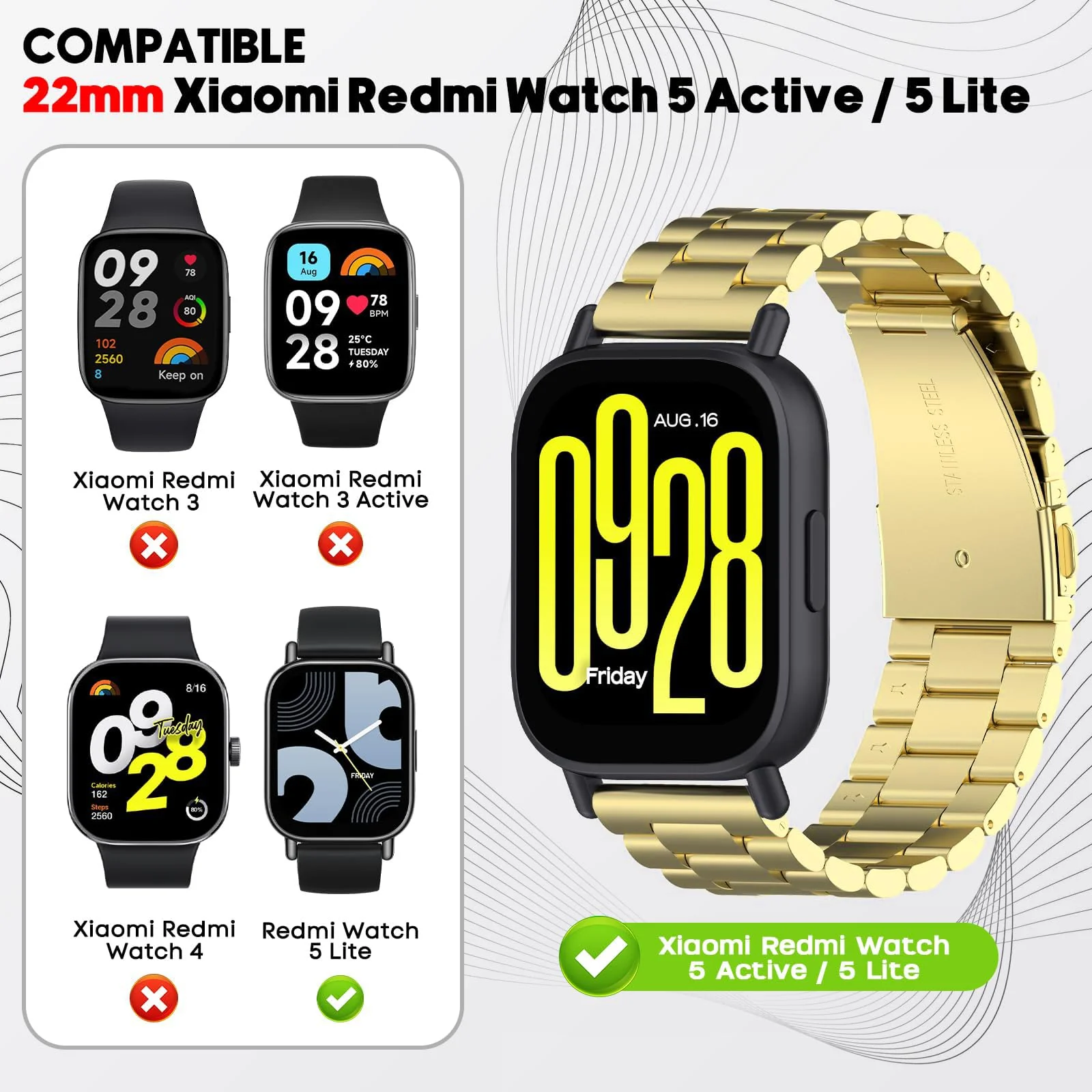 DL3 Mobilak Metal Bracelet Compatible with Xiaomi Redmi Watch 5 Active/Redmi Watch 5 Lite, 22mm Stainless Steel Replacement Band with Folding Clasp, Adjustable Replacement Bracelet Wristband - Gold