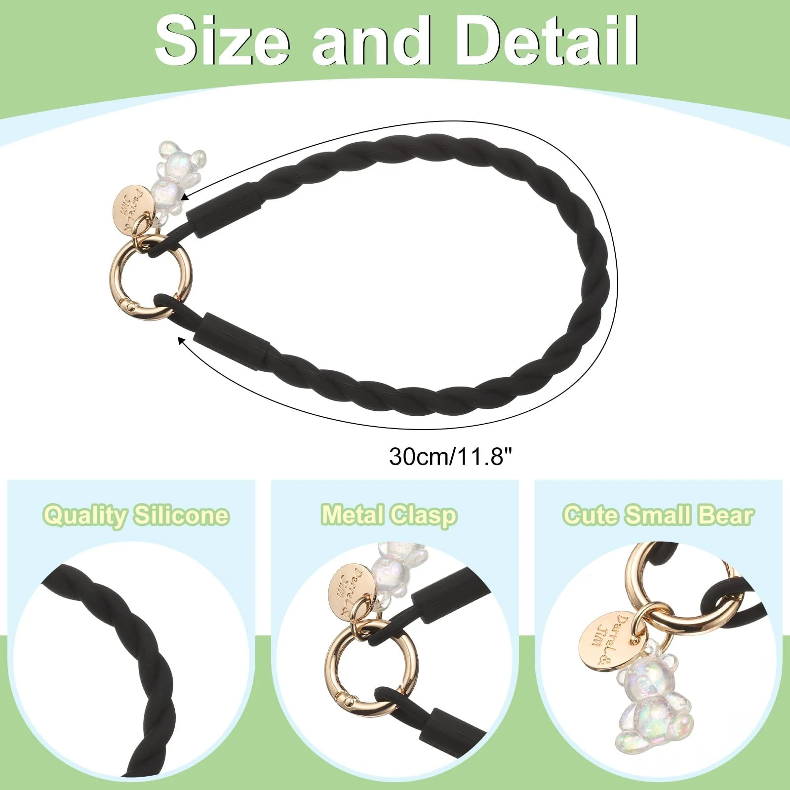 DL3 Mobilak Silicone Crystal Lanyard, 30cm Phone Wrist Strap Lanyard Keychain Office Wrist Strap with Clasp and Bear for Women Phone ID Card, Keys Strap - Black