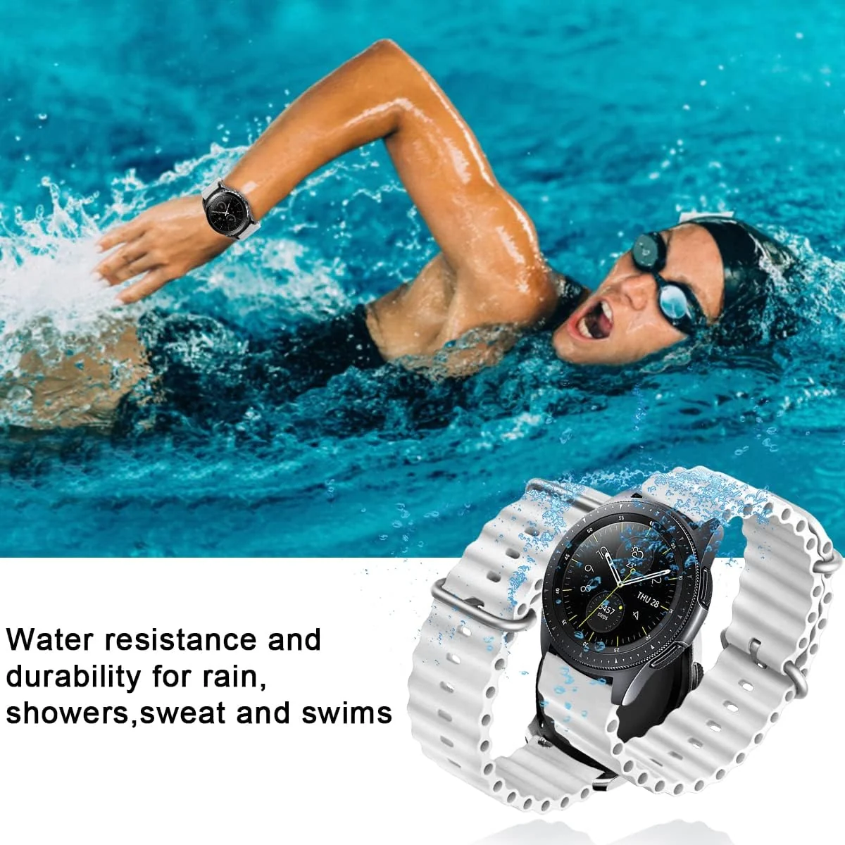 DL3 Mobilak 22mm Ocean Band for Samsung Galaxy Watch 3 45mm/Watch 46mm/Gear S3/Huawei watch GT4 GT3 46MM/Huawei Watch 3/4/GT2E/GT2 Pro/GT GT2 46MM/Amaz fit GTR 4/3/3Pro/2/2e, Adjustable Silicone Strap - White