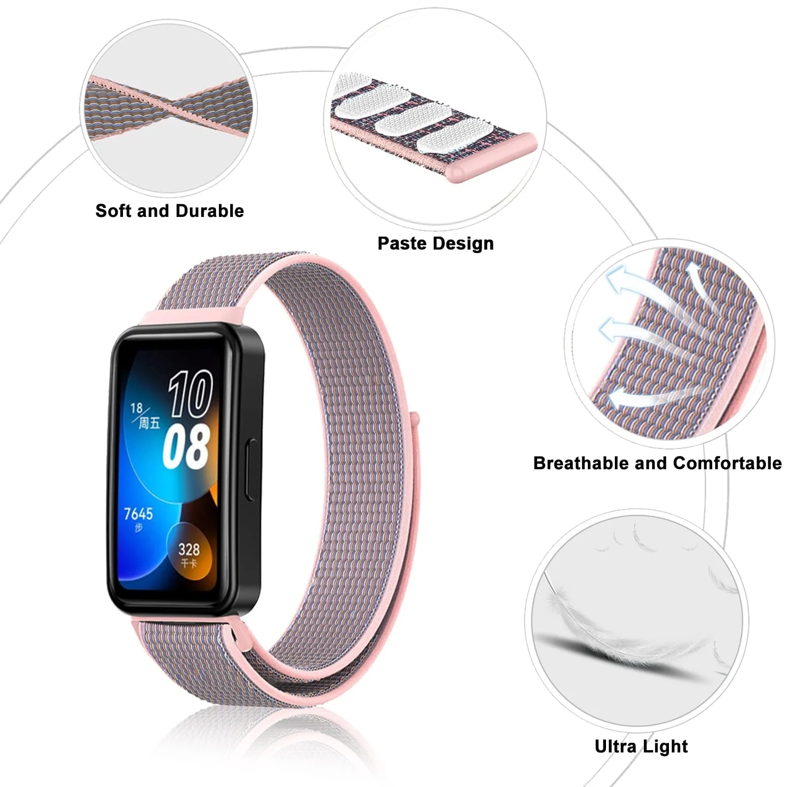 DL3 Mobilak Nylon Strap for Huawei Band 9 | Huawei Band 8 Watch Band, Men and Women Breathable Elastic Bracelet, Adjustable Straps Replacement Band Sport Watchband - Pink