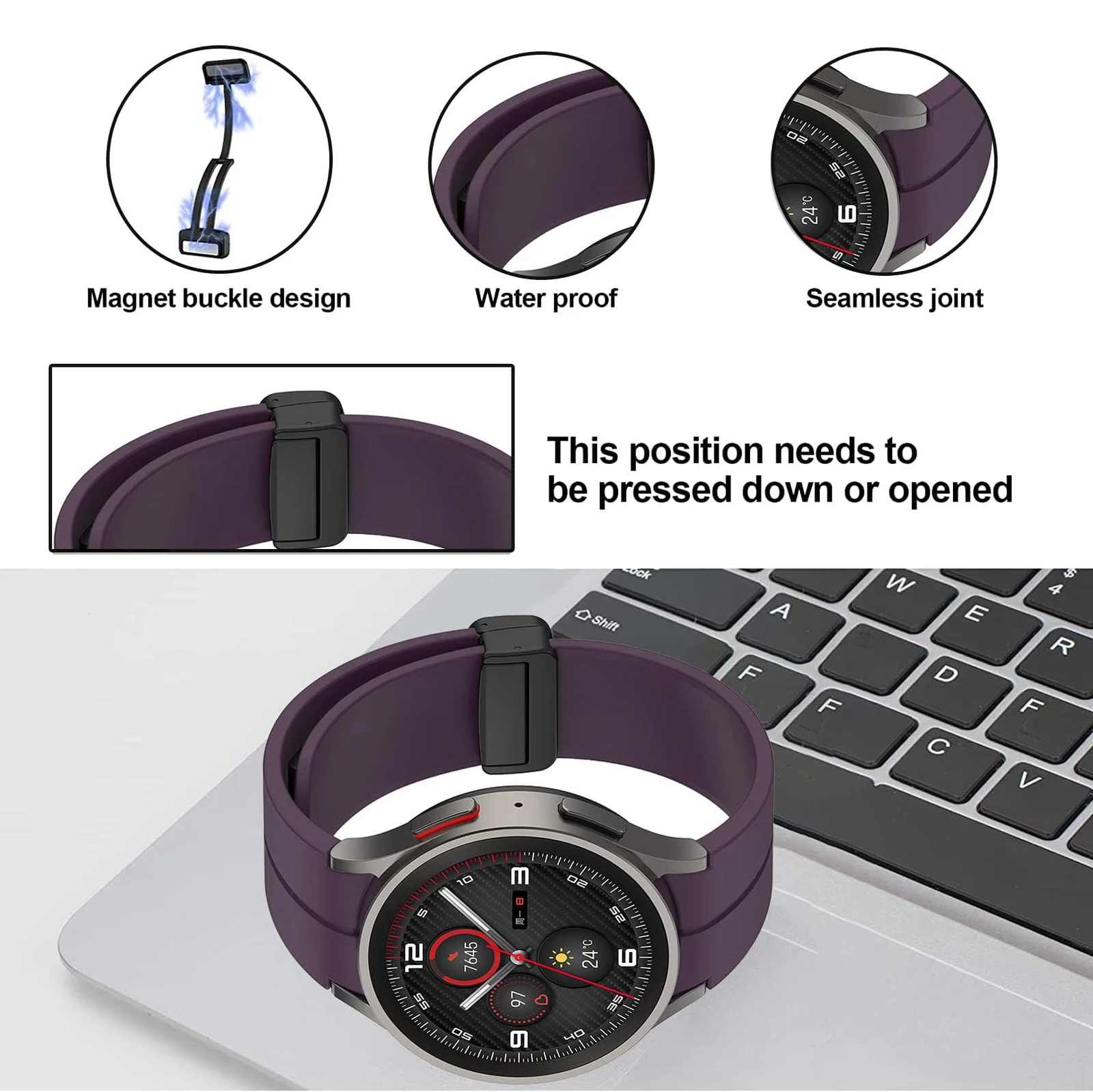 DL3 Mobilak Strap Compatible with Samsung Galaxy Watch 7 FE 6 5 4 Strap 40mm 44mm/Watch 6 Classic 43mm 47mm/5 Pro 45mm/4 Classic 42mm 46mm, No Gap Magnetic Clasp Silicone Band - Wine Red