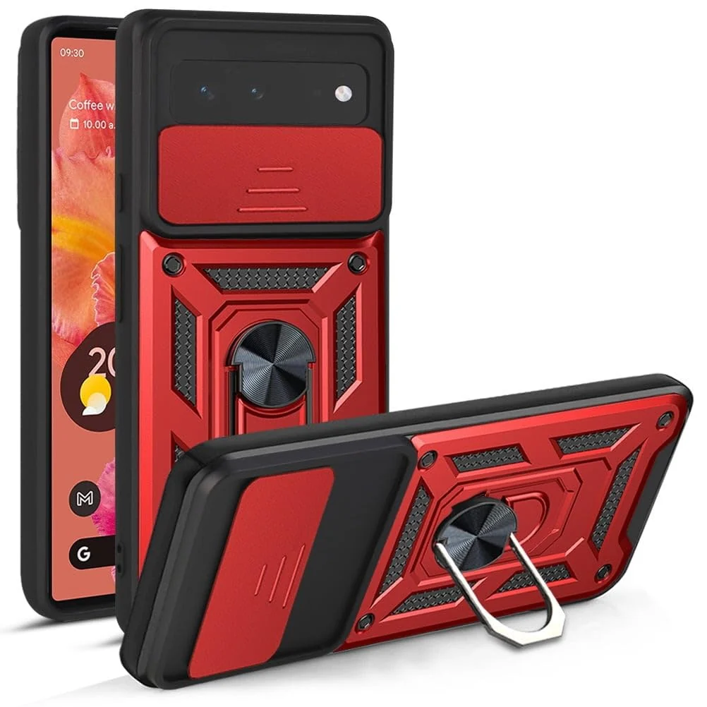 DL3 Mobilak Case for Google Pixel 6 with Slide Camera Cover, Military Grade Shockproof Protective Cover with Rotatable Metal Ring Kickstand [Support Magnetic Car Mount] - Red