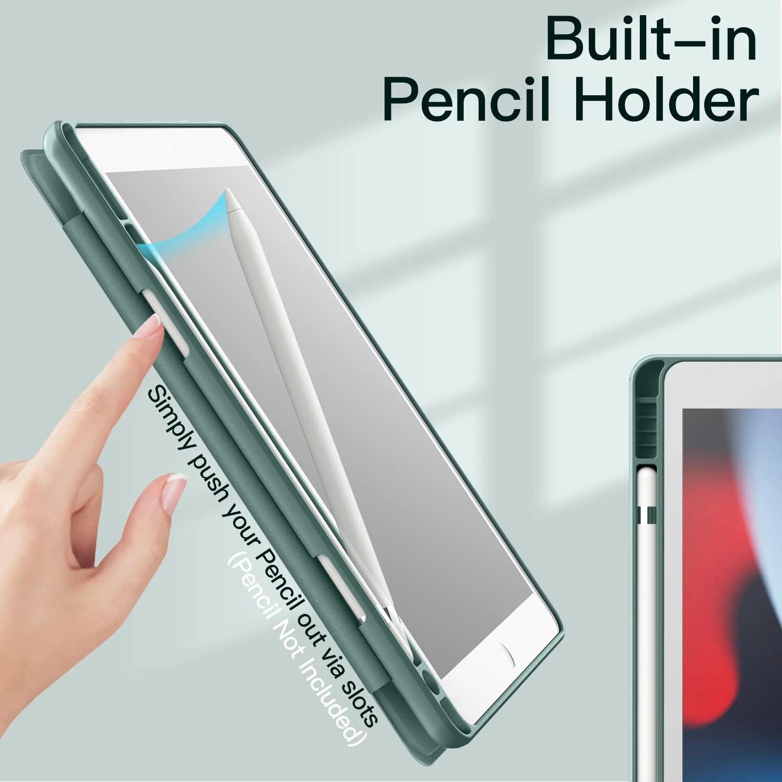 DL3 Mobilak Case for iPad 10.2-Inch (9th/8th/7th Generation, 2021/2020/2019), Clear Shockproof Back Cover Built-in Pencil Holder, Auto Sleep/Wake - Green