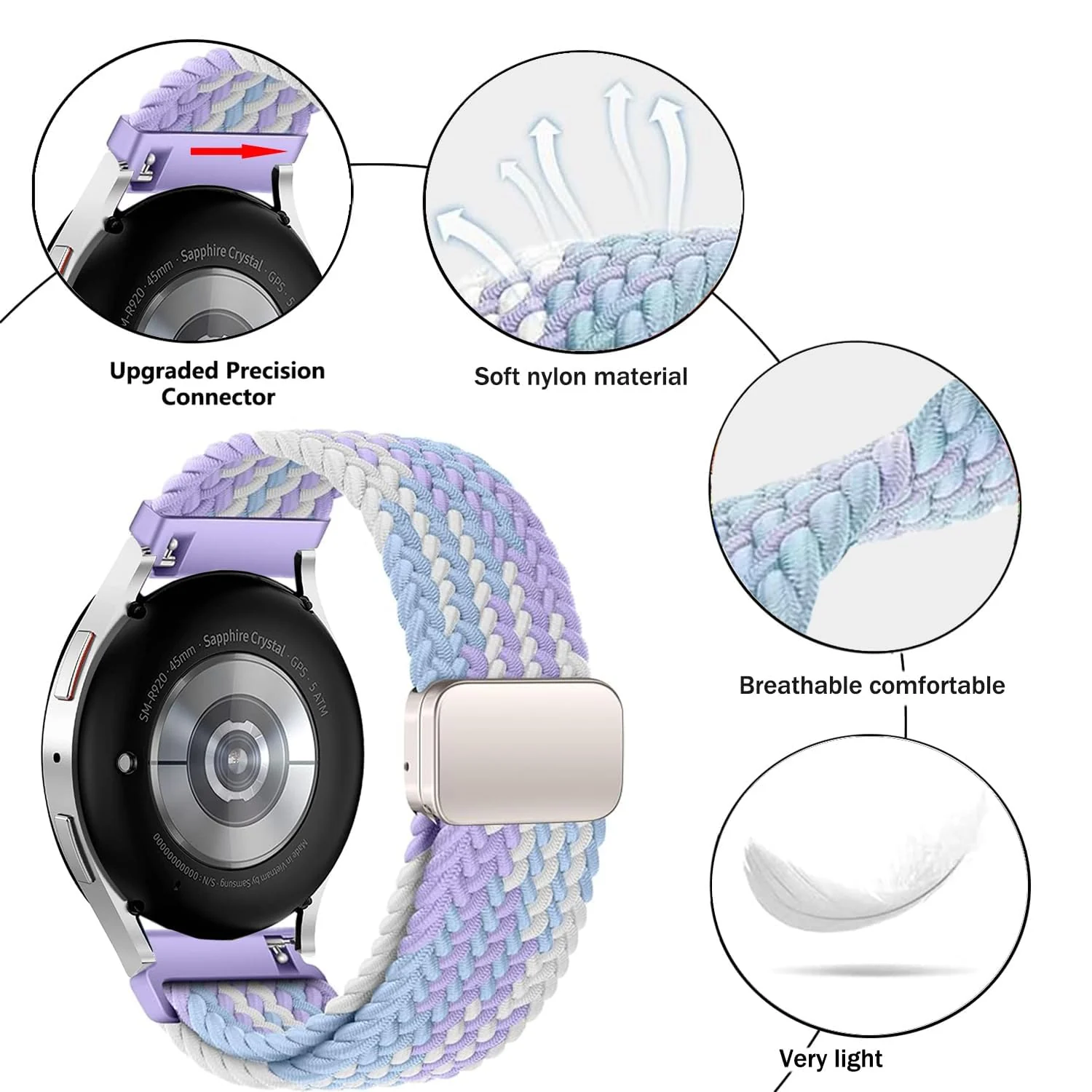 DL3 Mobilak 22mm Magnetic Band for Redmi Watch 5 Active/5 Lite/Samsung Galaxy Watch 3 45mm/Watch 46mm/Gear S3/Huawei watch GT6 GT5 46MM/GT2E/GT6 Pro/GT 5 Pro/Amazfit GTR 4/3, Stretchy Braided Nylon Sport Strap - Violets