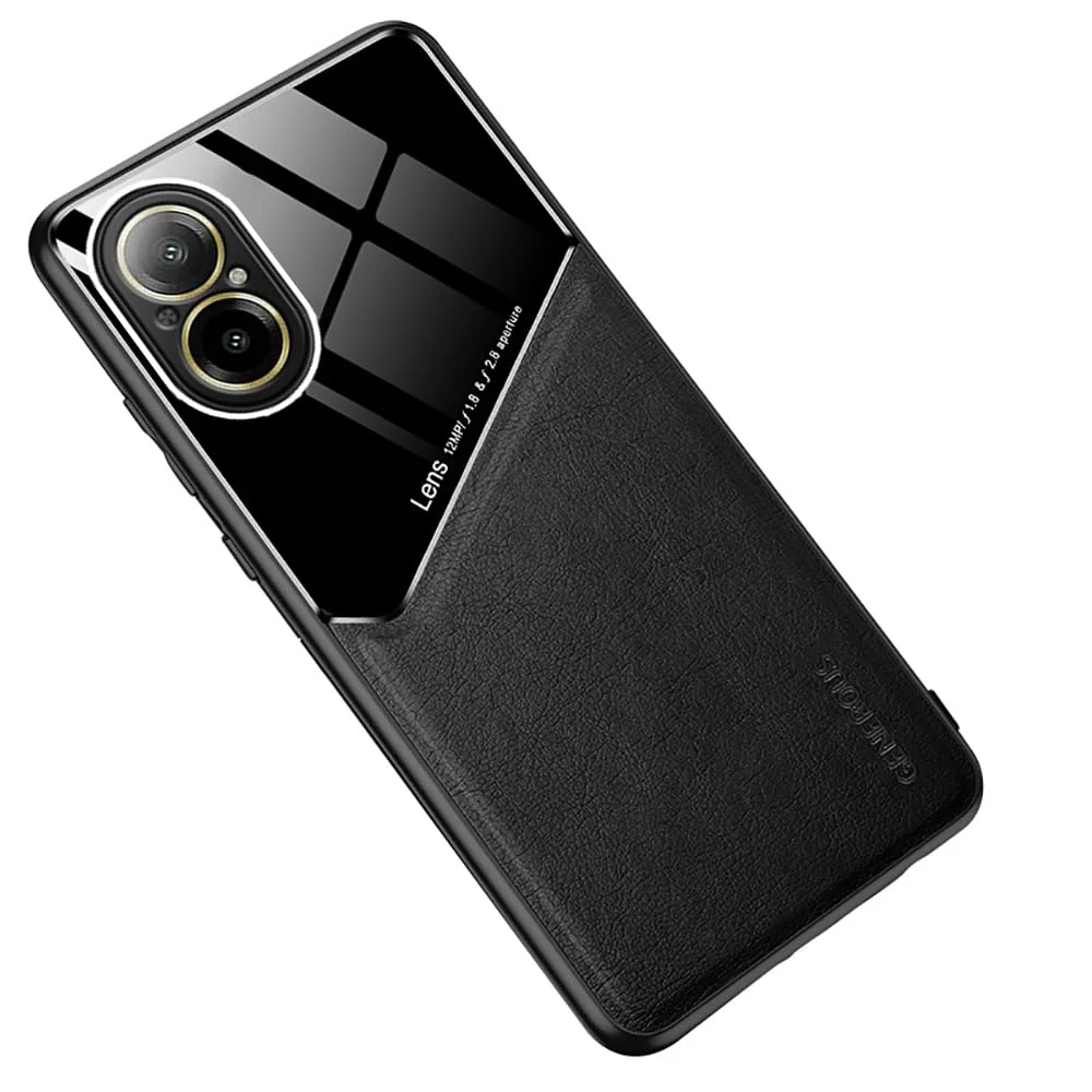DL3 Mobilak Magnetic Car-Mount Case for OPPO realme C67 4G, Ultra-Thin Soft TPU Frame, Back Leather Mixed Double+Plexiglass Protective with Camera Protection and Shockproof Design - Black