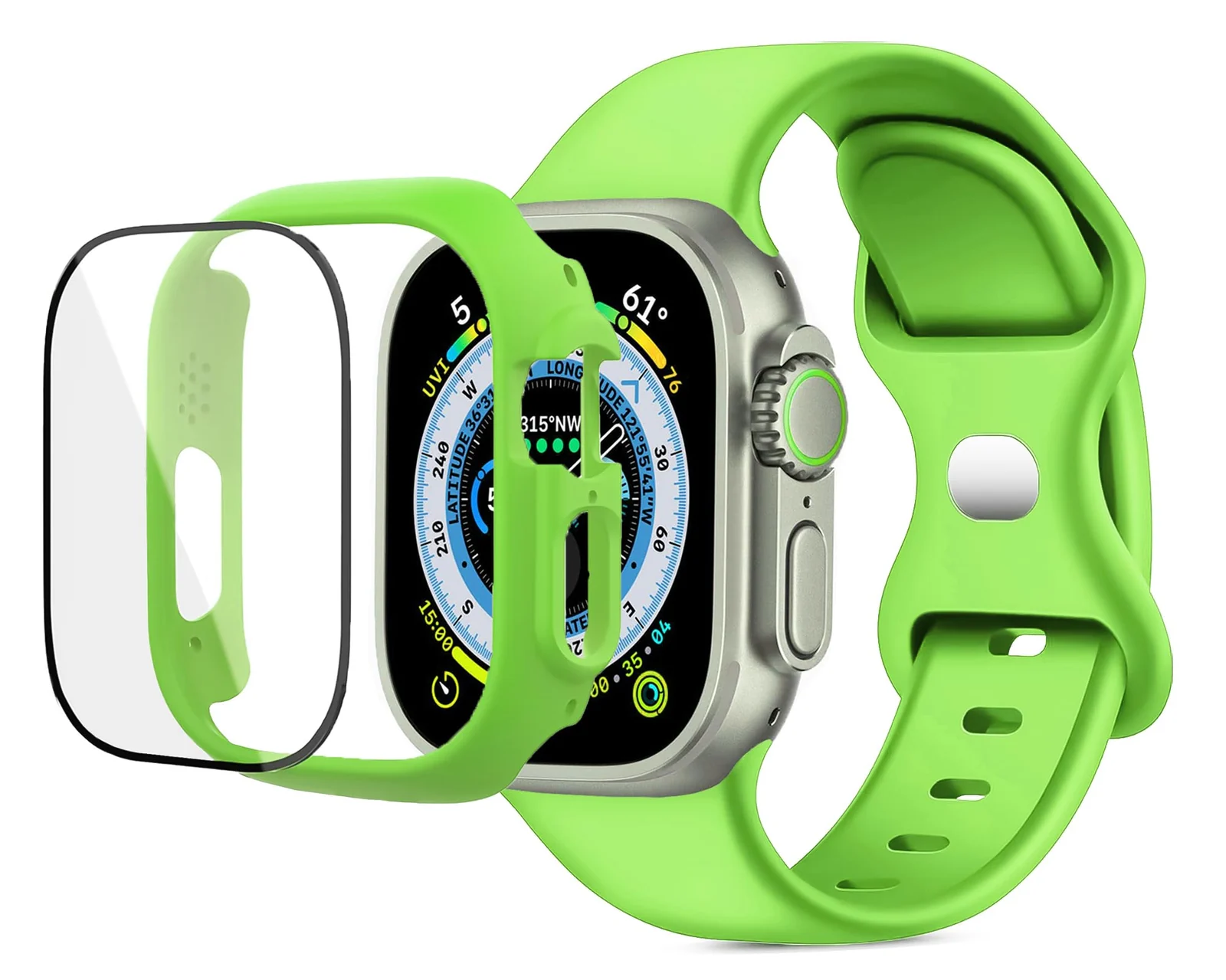 DL3 Mobilak Band with Case For Apple Watch Ultra/Ultra 2 49mm, Adjustable Silicone Sport Wristband Replacement, Strap With Cover Built-in Glass Screen Protector for iWatch Ultra 49 mm - Neon Green